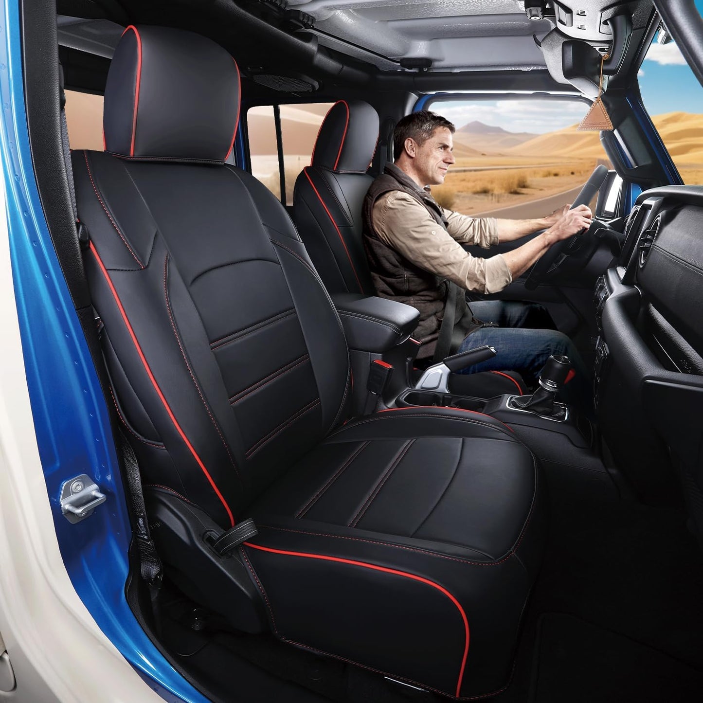 Jeep Gladiator Seat Covers - Premium Quality Faux Leather, Waterproof, Scratch-Resistant, Custom Fit for Jeep Gladiator 2025, 2024, 2023, 2022, 2021, 2020 (Black+Red Line)