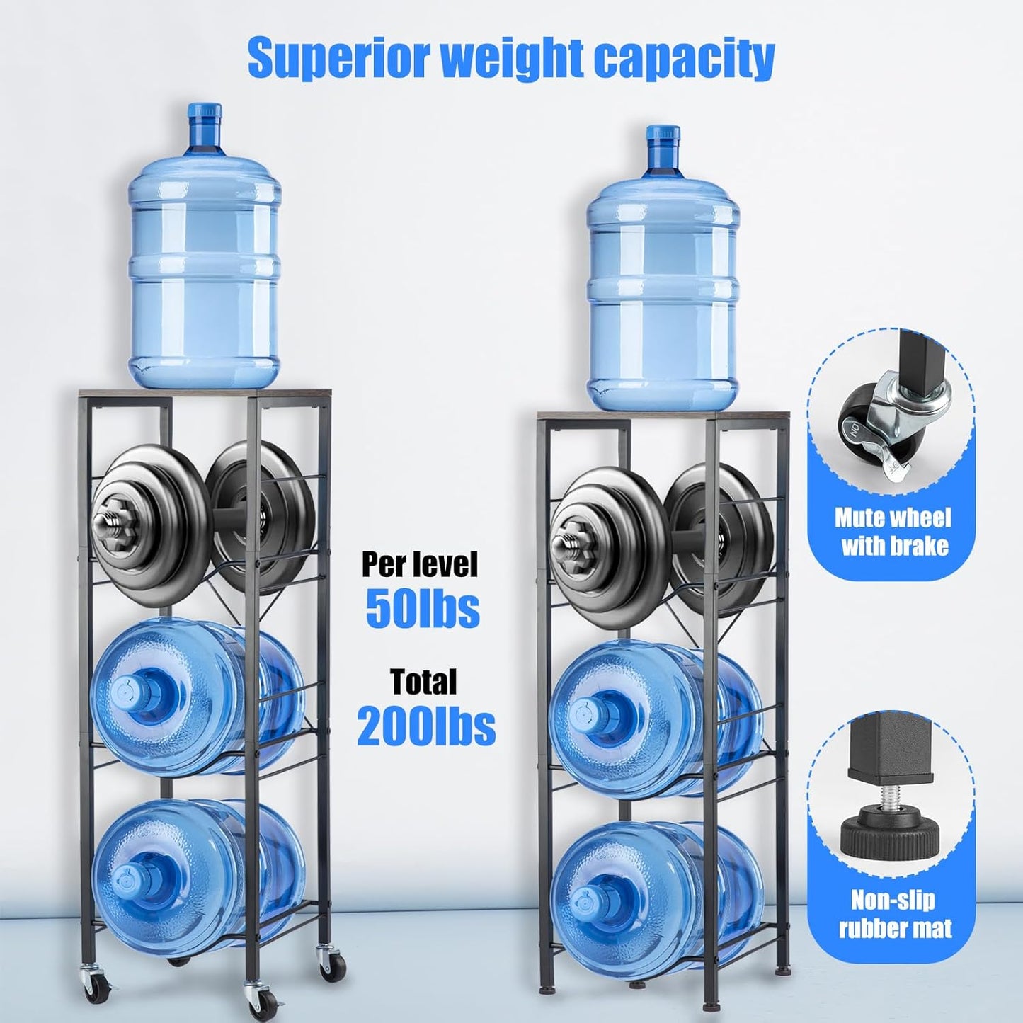 3-Tier 5 Gallon Water Bottle Holder with Lockable Casters, Heavy Duty Water Jug Rack with Wood Top Shelf, Water Dispenser Stand for Kitchen, Office, Garage