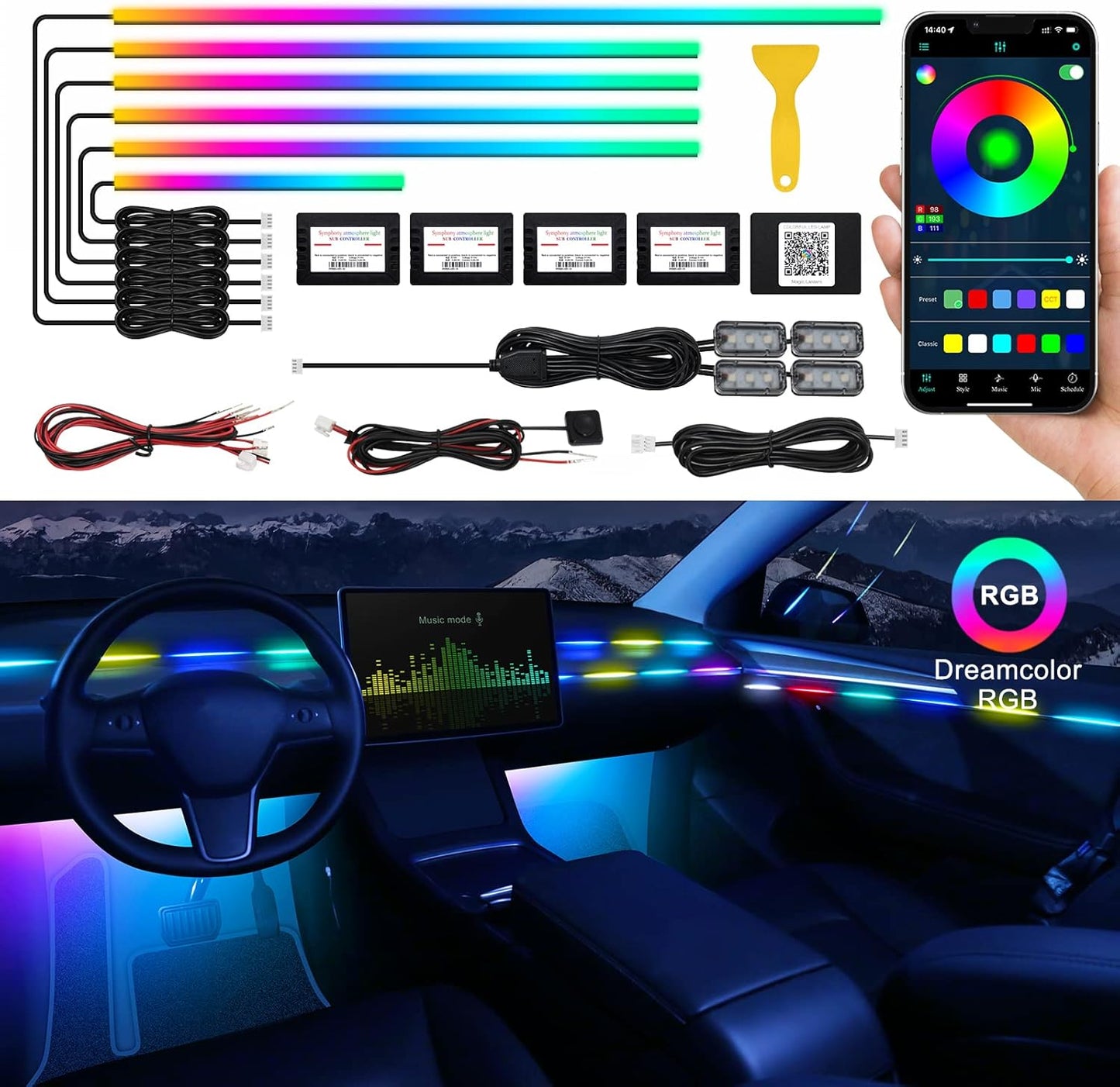 Dreamcolor Acrylic Interior Car LED Strip Light with Wireless APP, RGB 10 in 1 with 175 inches 593 LEDs Fiber Optic Ambient Lighting Kits, 16 Million Colors Sound Active Function Car Neon Lights