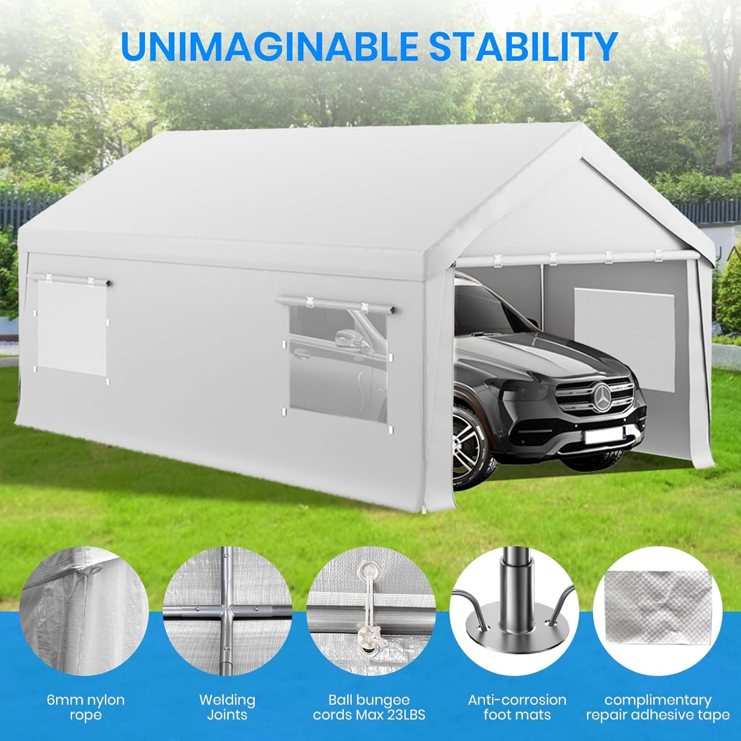 Carport 12x20 FT Heavy Duty, Outdoor Portable Garage with Removable Sidewalls & Doors, Waterproof, UV-Resistant Canopy Shelter for Vehicles, Boats, RVs, Trucks, All-Season Car Port,White