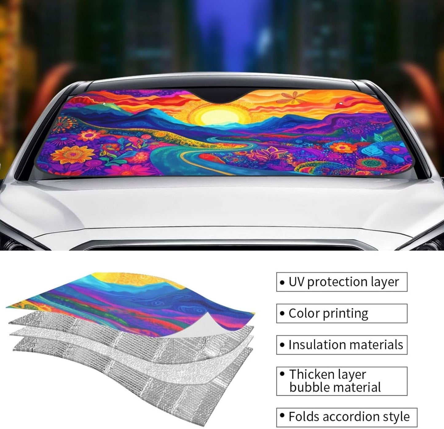 Abstract Flower Sunrise Car Sun Shade Windshield Sunshade Foldable Front Window Shield Cover for Truck SUV