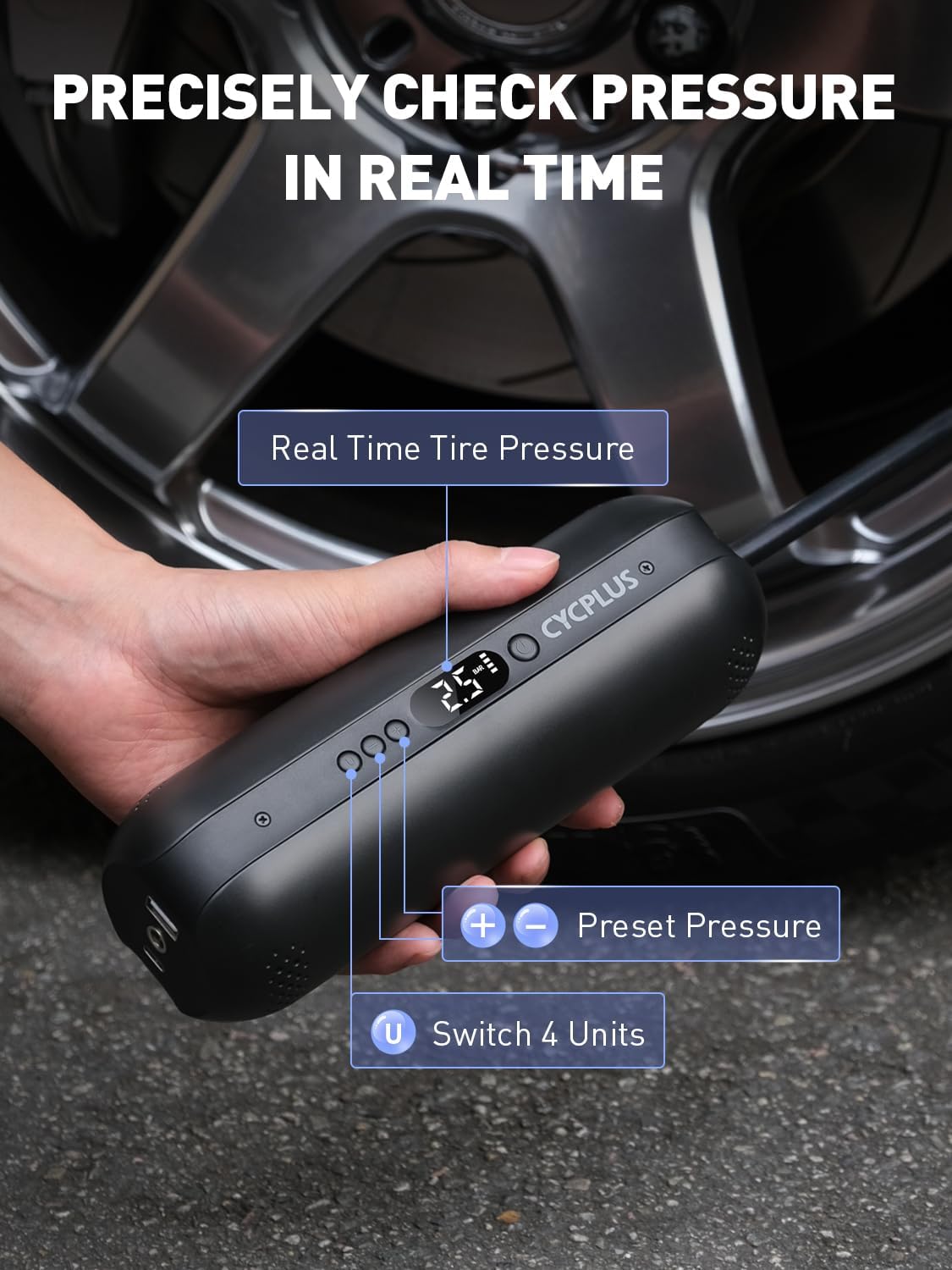 CYCPLUS Tire Inflator Portable Air Compressor - 150PSI Cordless Air Pump with Digital Tire Pressure Gauge, Accurate LCD Display & LED Light, DC/AC 2-in-1 for Car/Motorcycle/E-Bike/Ball(2025 Version)