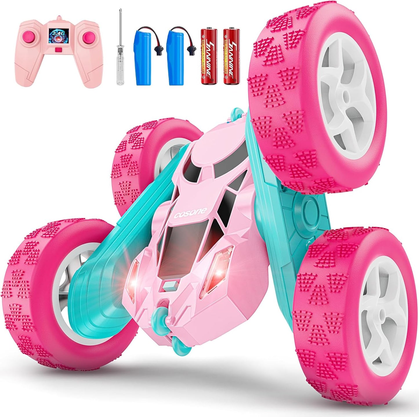 Pink Remote Control Car for Girls - RC Stunt Cars with 4WD Double-Sided Driving 360° Flips Rotating, Off Road Remote Car Outdoor Toys for Kids Age 6 7 8-12, Christmas Birthday Gifts