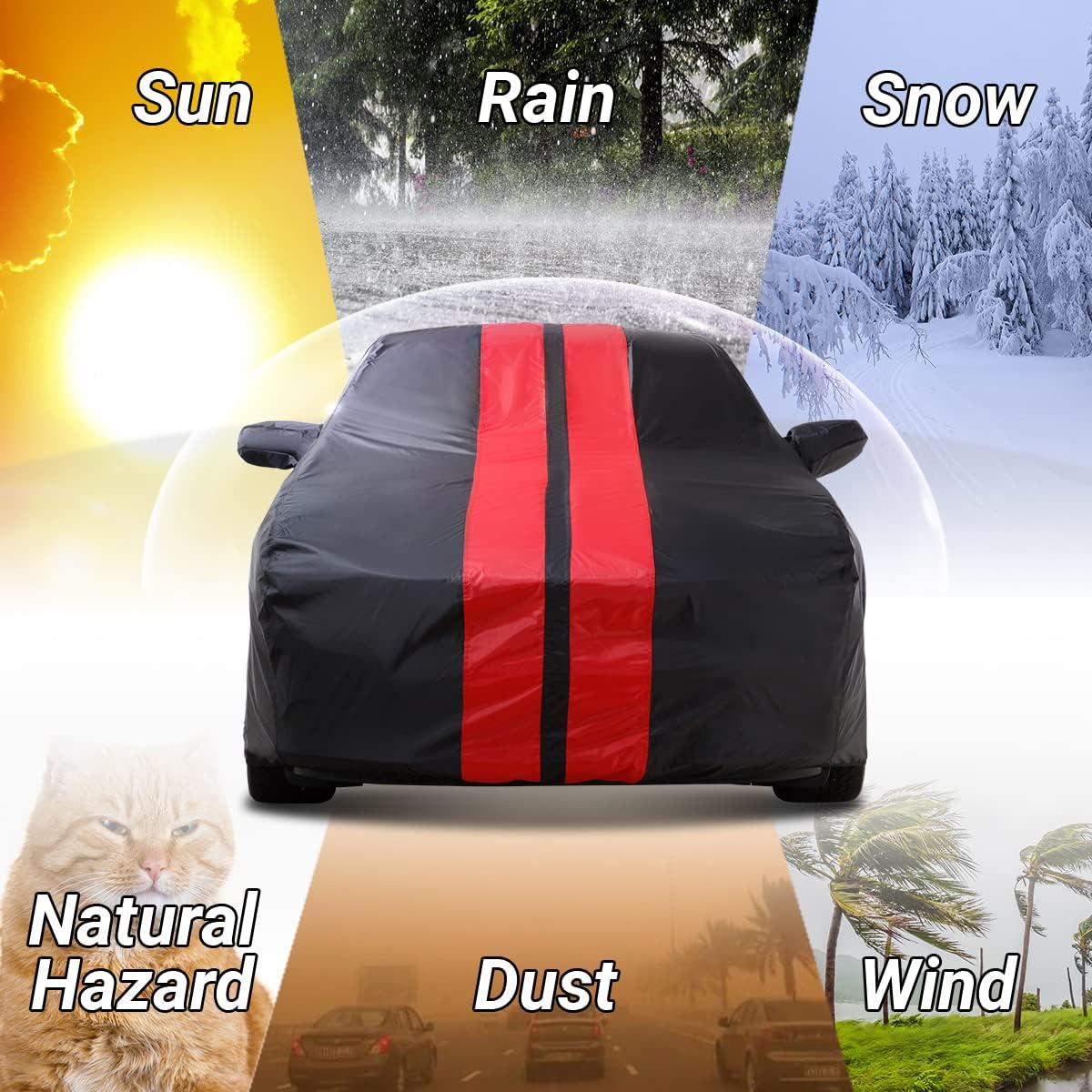 iCarCover Custom Car Cover Compatible with Mustang GT 1979-2004, Waterproof All Weather Rain Snow UV Sun Protector Full Exterior Indoor Outdoor Car Covers, Stripe (Black/Red)
