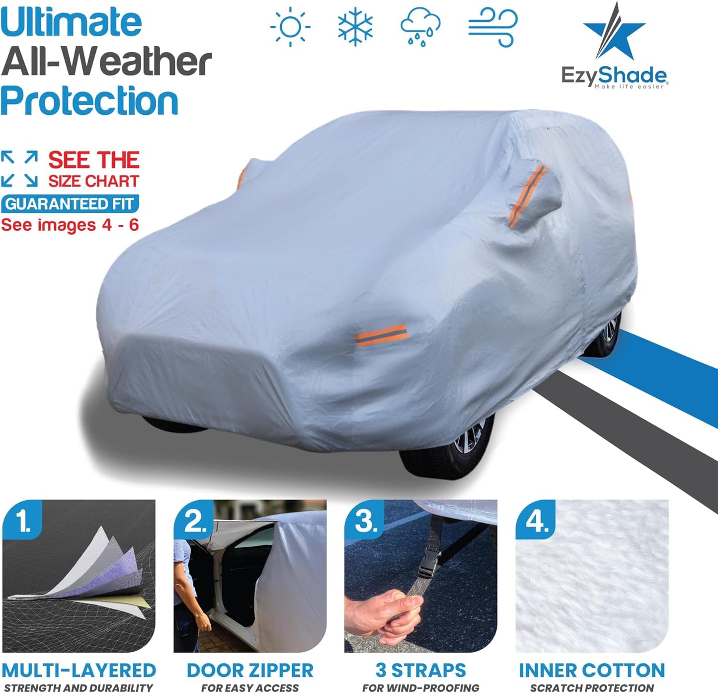 EzyShade 10-Layer SUV Car Cover Waterproof All Weather. See Vehicle Size-Chart for Accurate Fit. Outdoor Full Exterior Covers for Automobiles Heavy Duty Tarp Jeep Rav4 CRV. Size S0 (See SizeChart)