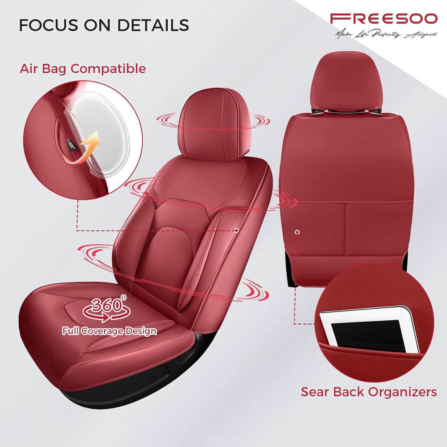 FREESOO Car Seat Covers Full Set,Waterproof Automotive Seat Covers, Leather Cars Interior Covers, Seats Protection Universal fit Babies & Adult (Wine Red)