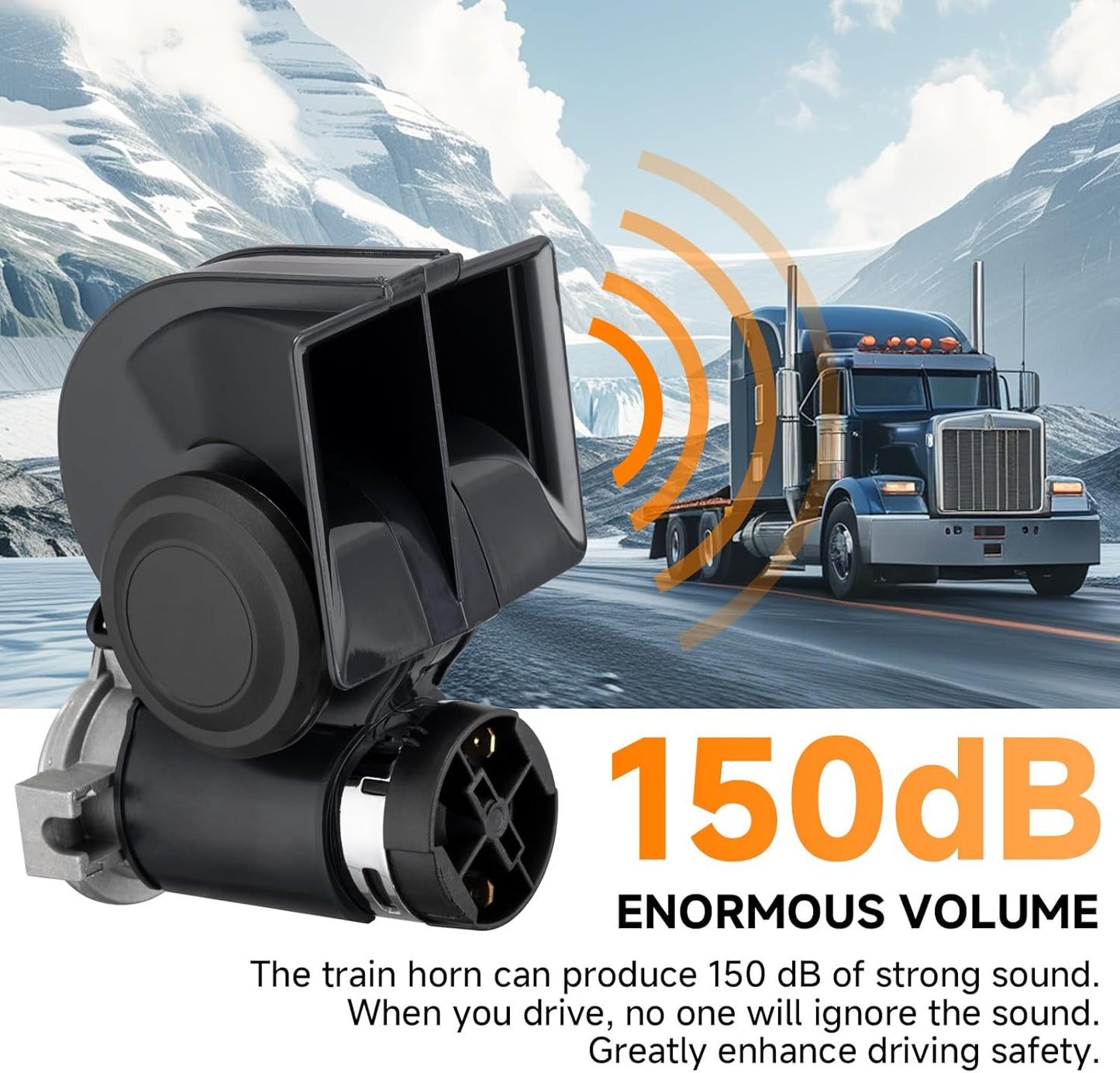 Air Horn for Truck,Super High Pitched Train Horn for Car, Waterproof Snail Horn for Motorcycles, Cars, trucks, trains and ships(black horn with wire, 12v)