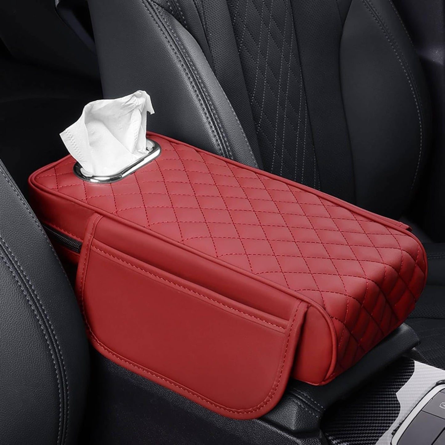Car Armrest Cover Leather Car Console Covers Box Pad with Pocket and Tissue Box Arm Rest Cover for Car for SUV Truck Sedan Vehicle (Favor-red)