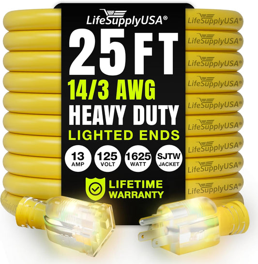 25ft Outdoor/Indoor Extension Cord 14/3 Gauge Heavy Duty 3 Prong SJTW, Waterproof, Flexible Cold-Resistant Long Power Cord,15A 125V 1625 W, Yellow by LifeSupplyUSA