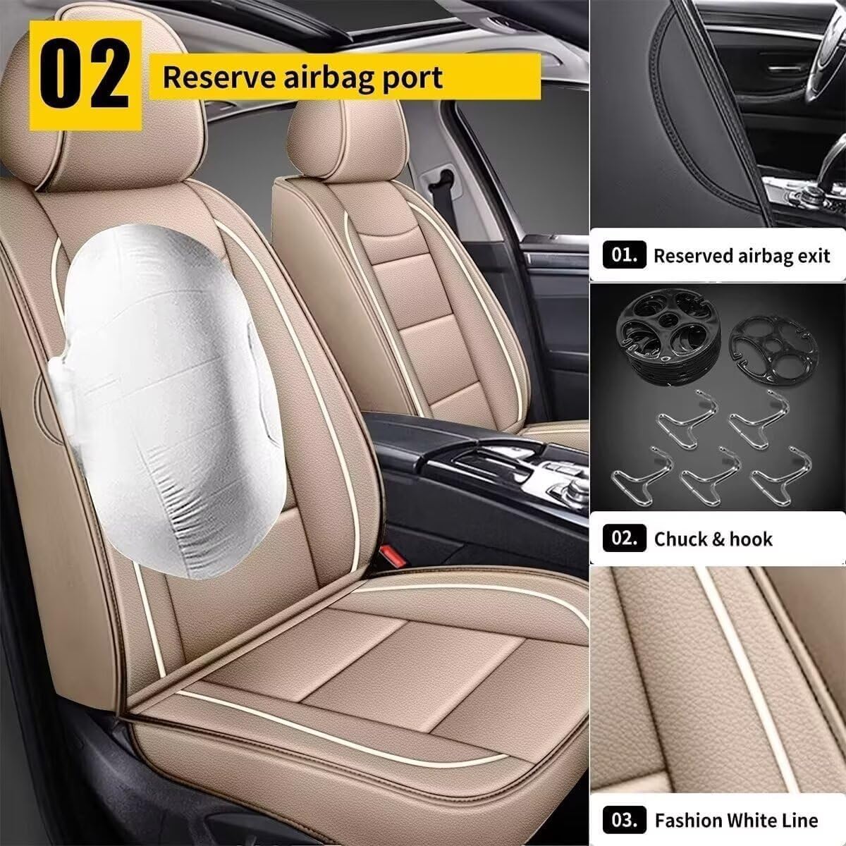 YORKNEIC Leather Car Seat Covers Fit for Hyundai Kona 2018-2025: 2 Front Set Seat Covers - Waterproof Auto Seat Protector Compatible Airbag (Beige)