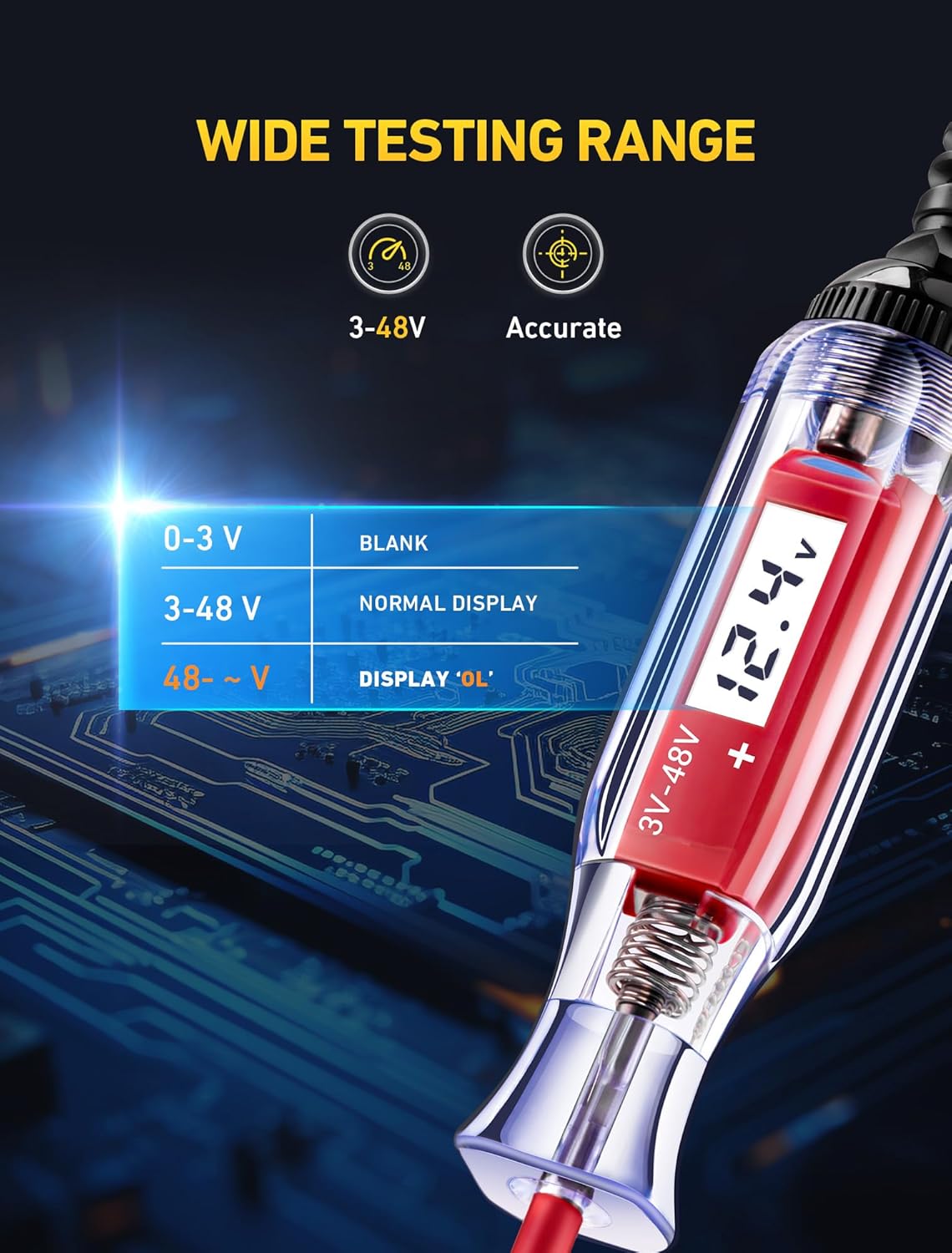 Heavy Duty 3-48V Automotive Circuit Tester with Backlit Digital LCD Voltage Display, DC Test Light with 140 Inch Extended Spring Wire, Car Truck Battery Tester with Stainless Probe