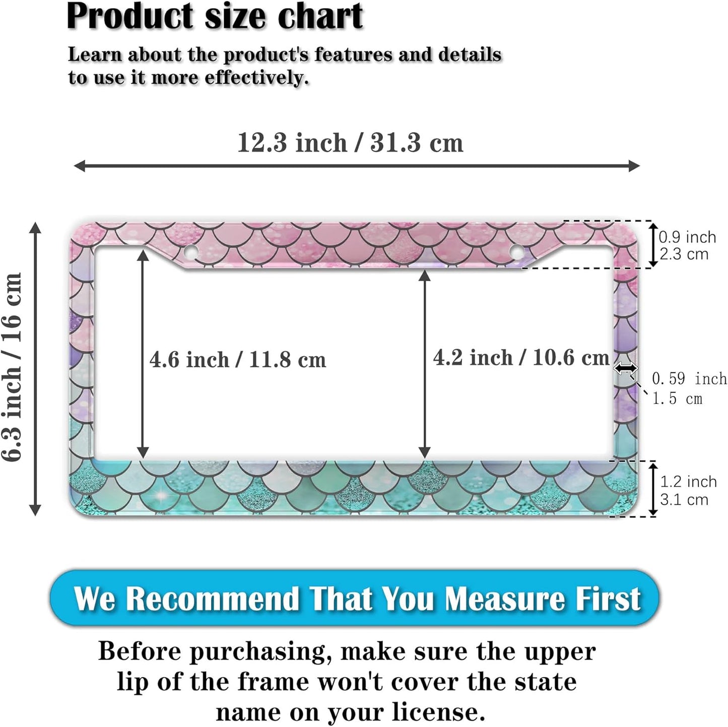 License Plate Frame Holder Pink License Plate Frames for Women Ombre Mermaid Scales Women Aluminum Metal Car Accessory 2 Pack with Screw Covers Set