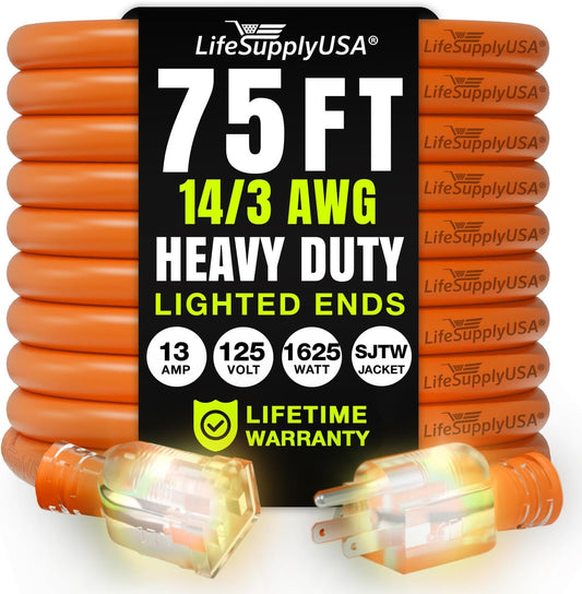 75ft Outdoor/Indoor Extension Cord 14/3 Gauge Heavy Duty 3 Prong SJTW, Waterproof, Flexible Cold-Resistant Long Power Cord,13A 125V 1625W, Orange by LifeSupplyUSA