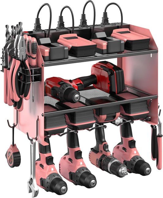CCCEI Modular Power Tool Organizer Wall Mount with Charging Station. Garage 4 Drill Storage Shelf with Hooks, Drill Bit Heavy Duty Rack, Pink Tool Battery Holder Built in 8 Outlet Power Strip.