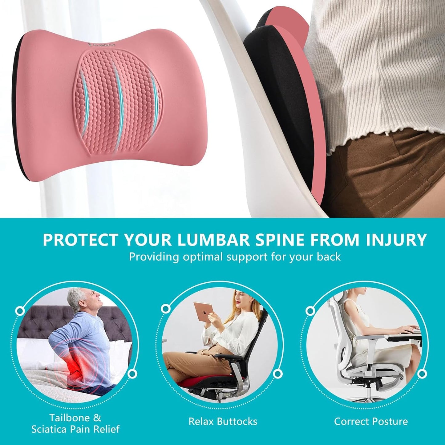 FLORICH Car Seat Cushion and Back Support for Office Chair Memory Foam Chair Cushions Pressure Relief Seat Pads with Gel Massage Point Lumbar Support (Pink)