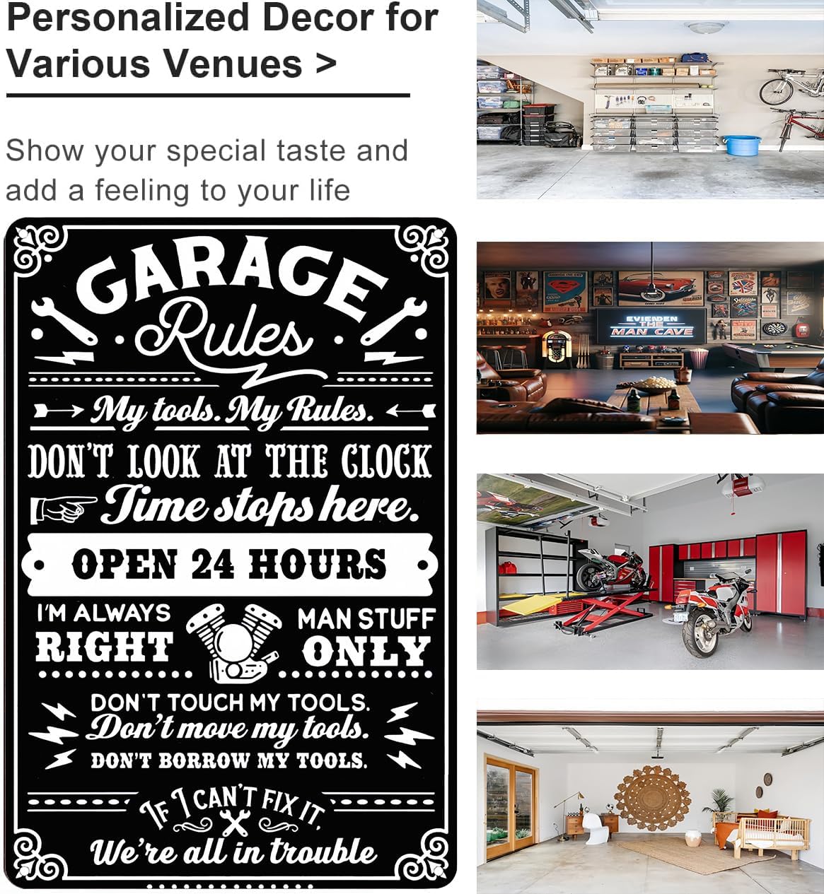 Gifts for Men Dad Husband Funny Garage Rules My Tools My Rules Tin Sign Vintage Metal Wall Art for Garage Workshop Man Cave Decor 8x12 Inch (3705)