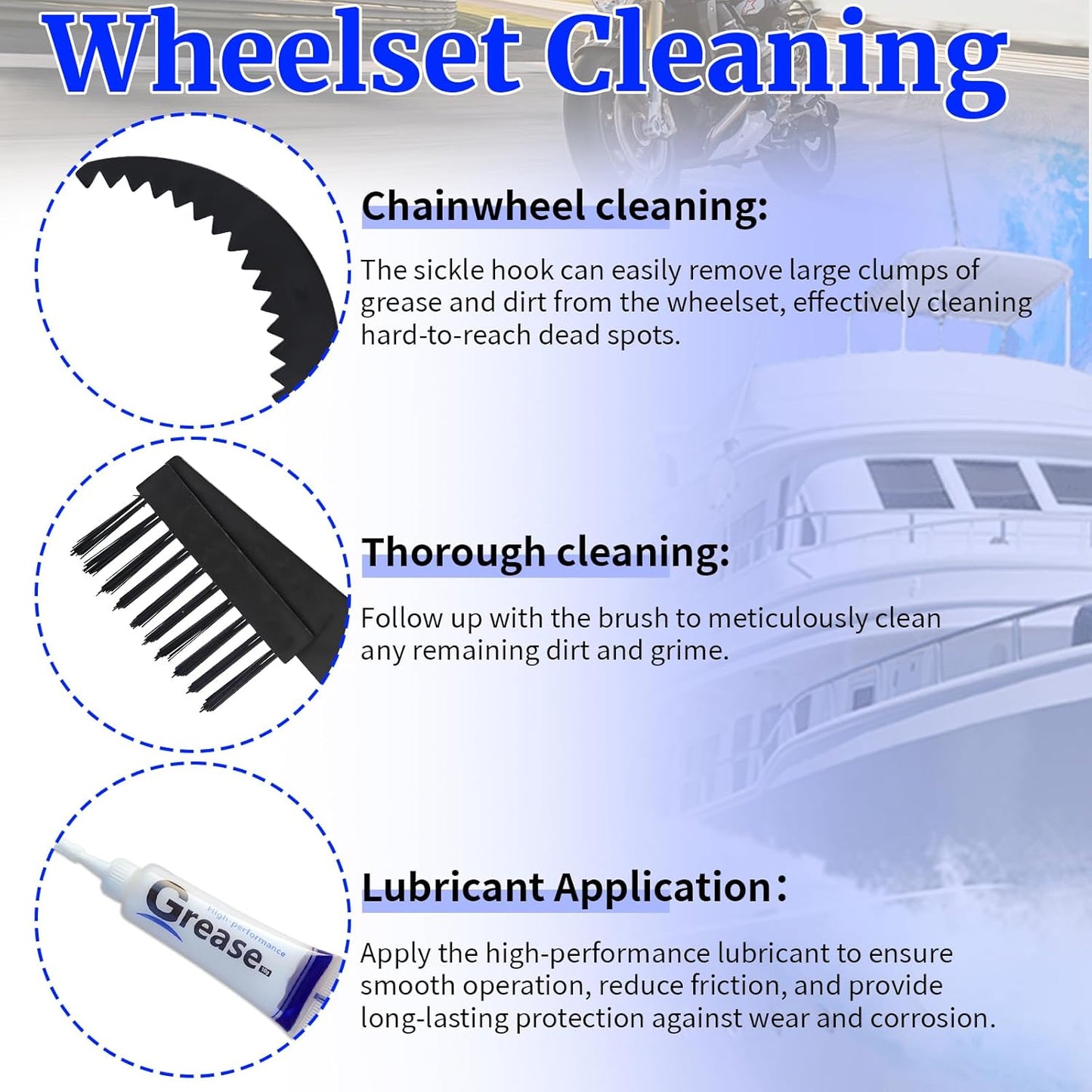 Bike & Motorcycle Chain Cleaner Kit - 6-Piece Eco-Friendly Set with 3 Brushes, Chain Scraper, Scrubber & 10g Pro-Grade Lubricant