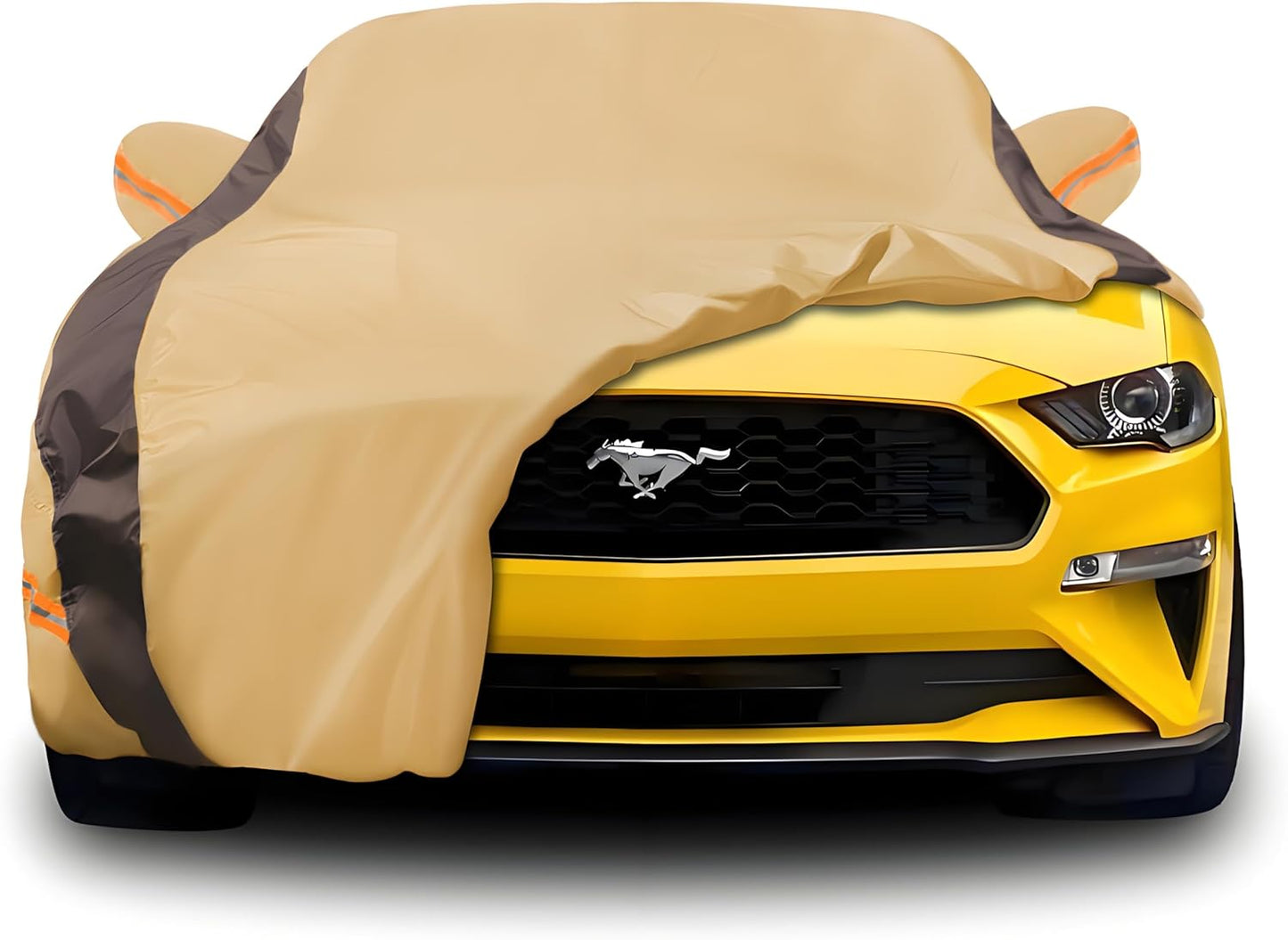 Mustang Car Cover Waterproof All Weather Compatible with Mustang 2007-2024 GT Cobra Shelby Bullitt, Outdoor Anti-UV Sun Rain Protection Full Exterior Cover (Camel with Brown)