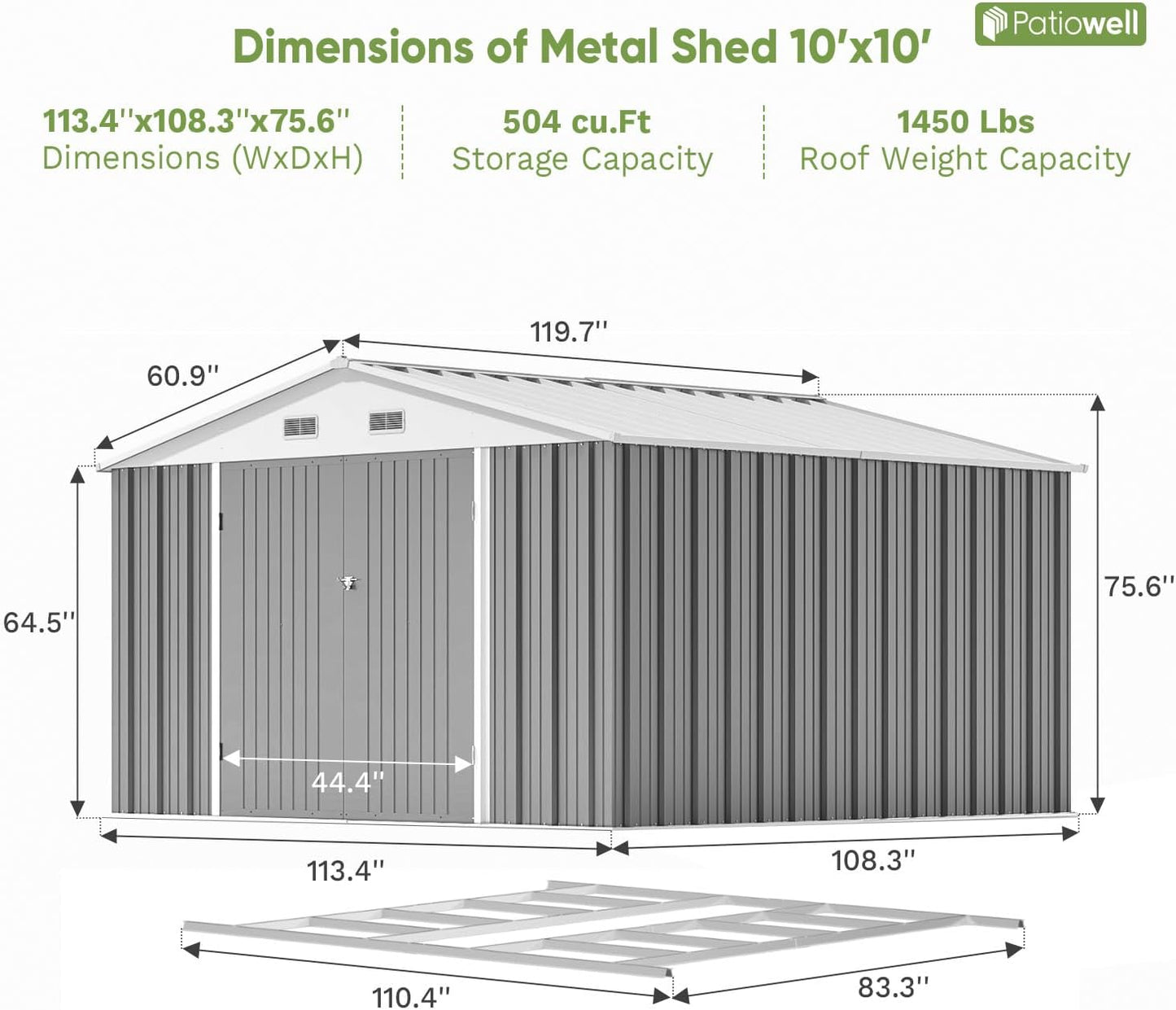 Patiowell 10 x 10 FT Outdoor Storage Shed with Floor Frame, Metal Yard Shed with Design of Lockable Doors, Utility and Tool Storage for Garden, Patio, Backyard, Outside use, Gray
