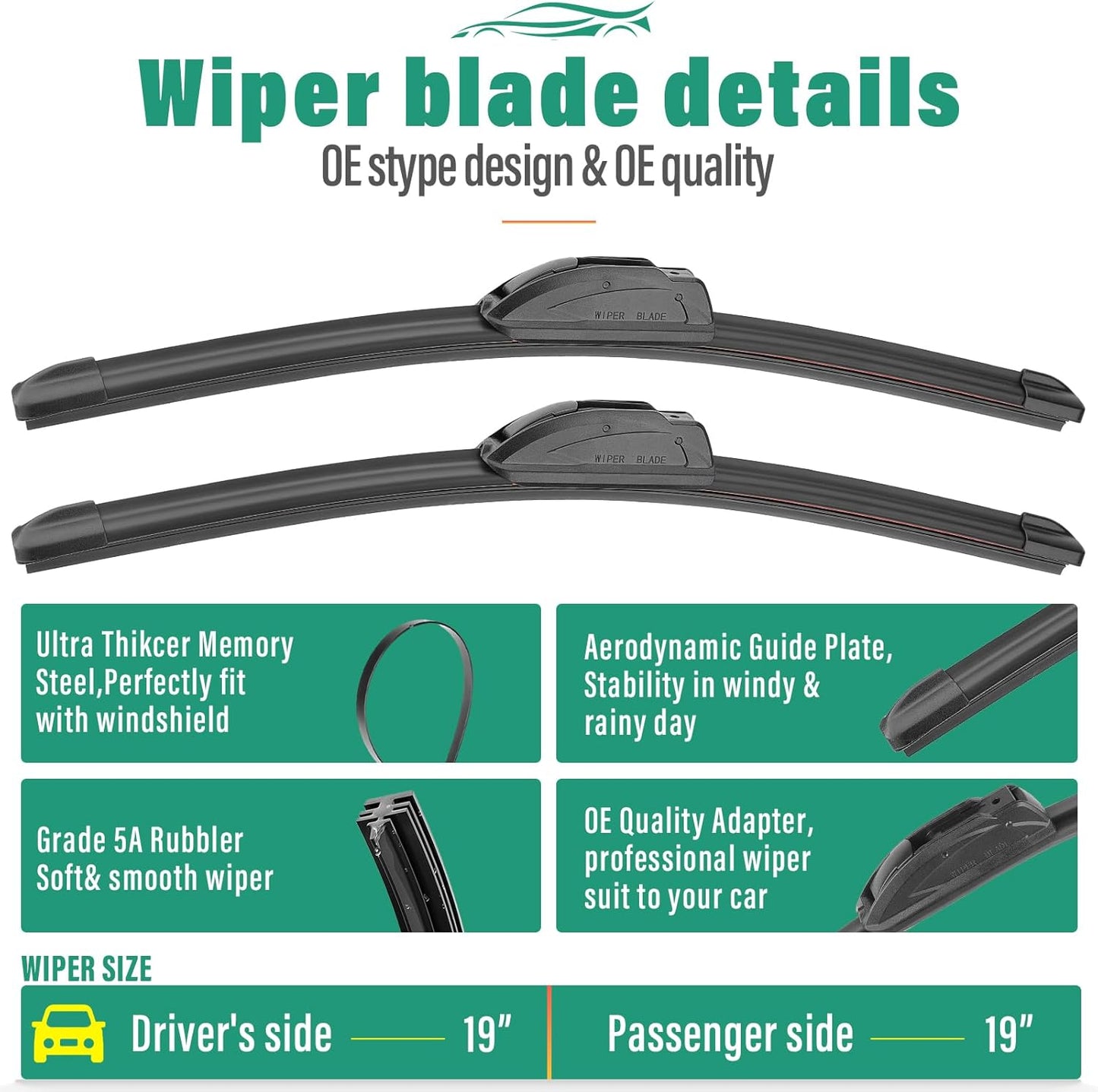 19" 19" 10" Windshield Wiper Blades Replacement for Jeep Liberty 2002 2003 2004 2005 2006 2007 Premium All Weather Front Rear Wipers Set - OEM Quality (Pack of 3)