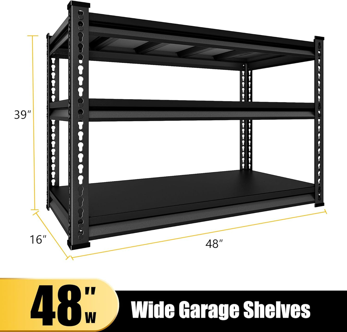 48" W Garage Shelving Heavy Duty, 1500LBS Loads Shelving Units and Storage Racks, 3-Tier Metal Garage Storage Shelves, Industrial Utility Shelf Heavy Duty,48" Wx16 Dx39 H, Black