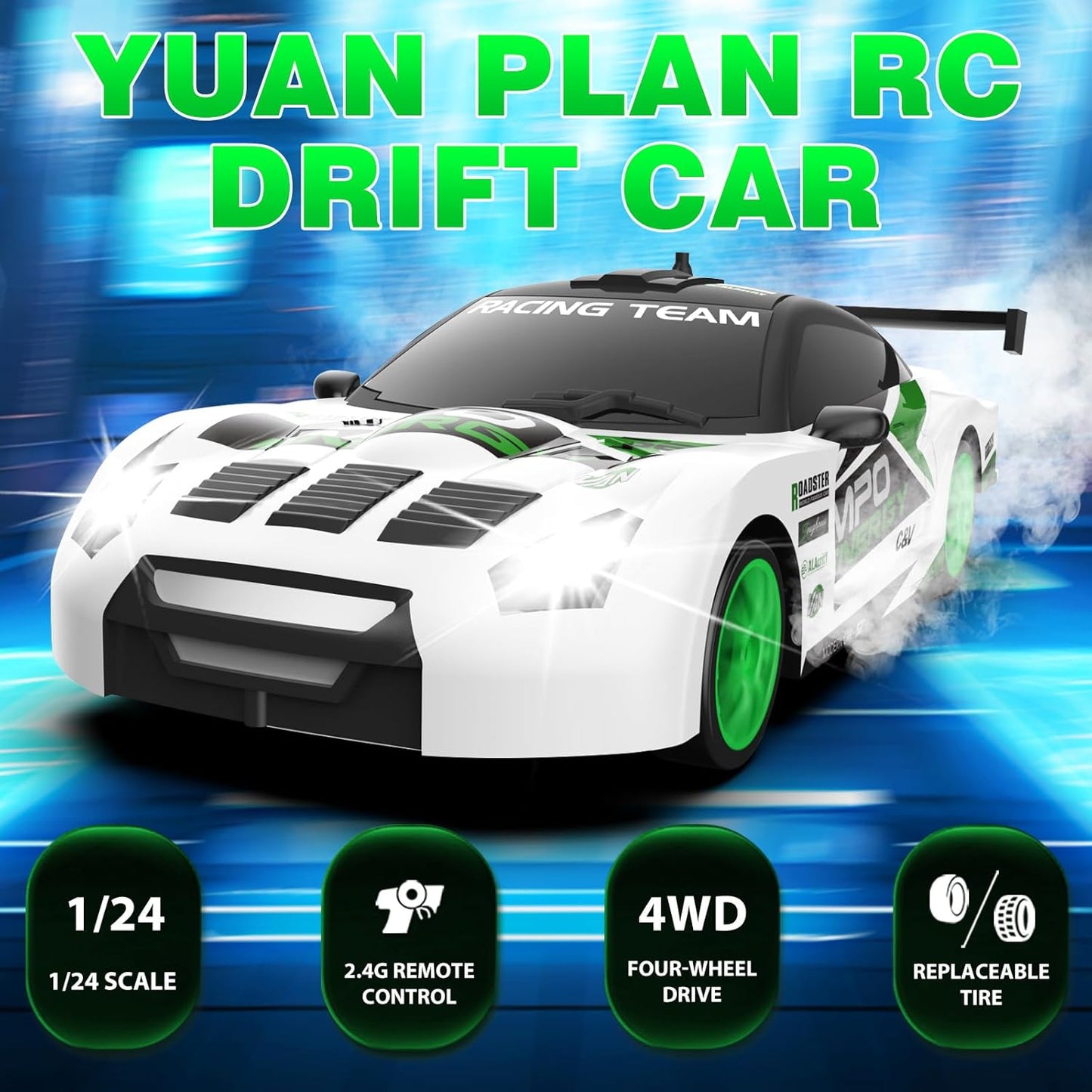 Remote Control Car 2.4GHz 1:24 Scale 4WD RC Drift Car 15KM/H High Speed Drifting RC Cars with Cool Lights, Two Batteries and Extra Tires Toys for Kids Boys Girls Adults, Green