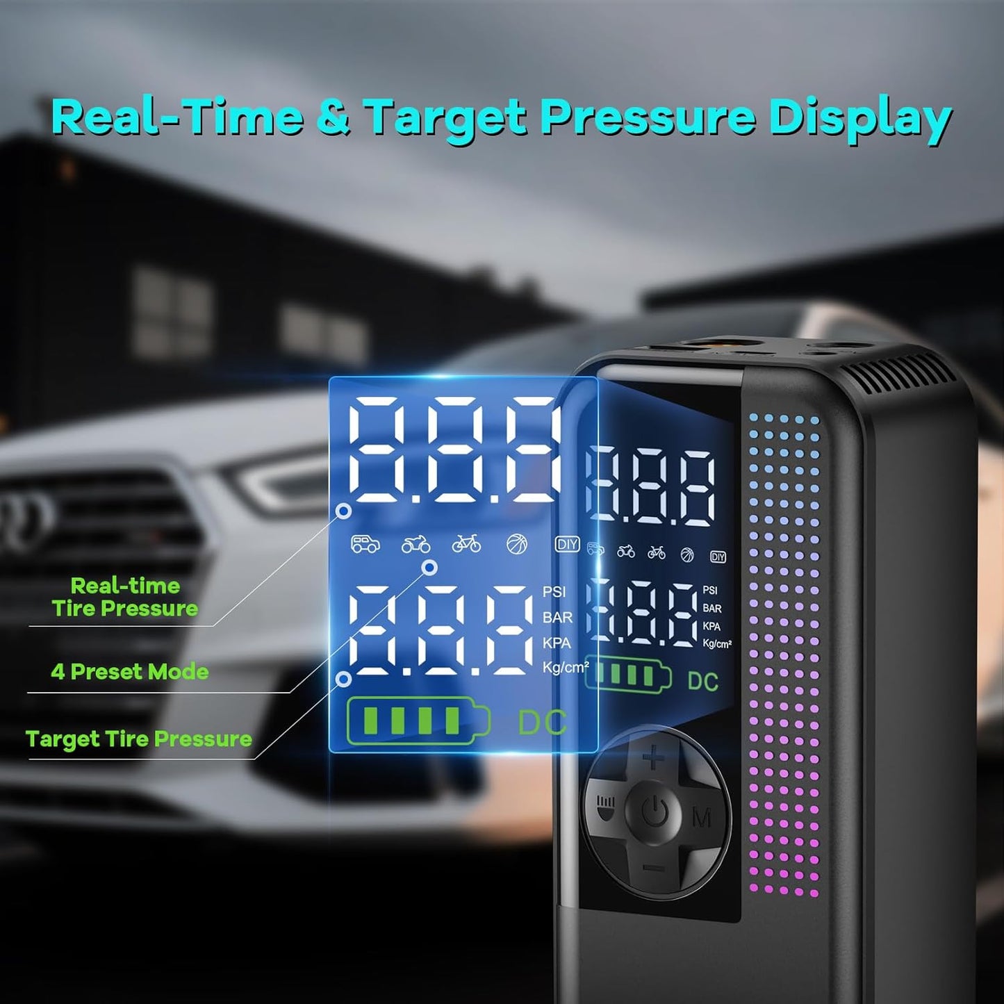 Tire Inflator Portable Air Compressor, 150 PSI Cordless Air Pump, Dual Power 6000mAh, 12V DC Car Plug, Fast Inflation 24L/Min, Auto Shut-Off, LED Light, 4 Preset Modes for Car, Bike, Motorcycle, Balls