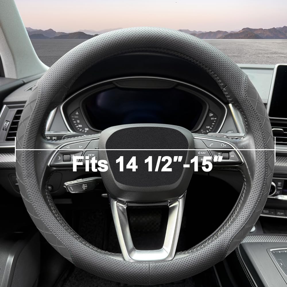 LKWLIKEI Nappa Leather Steering Wheel Cover, Elegant Diamond Checkered Design, Non-Slip wear-Resistant, Enhance Driving Comfort, Suitable for Steering Wheel Diameter 14 1/2‘-15’ Models.Black