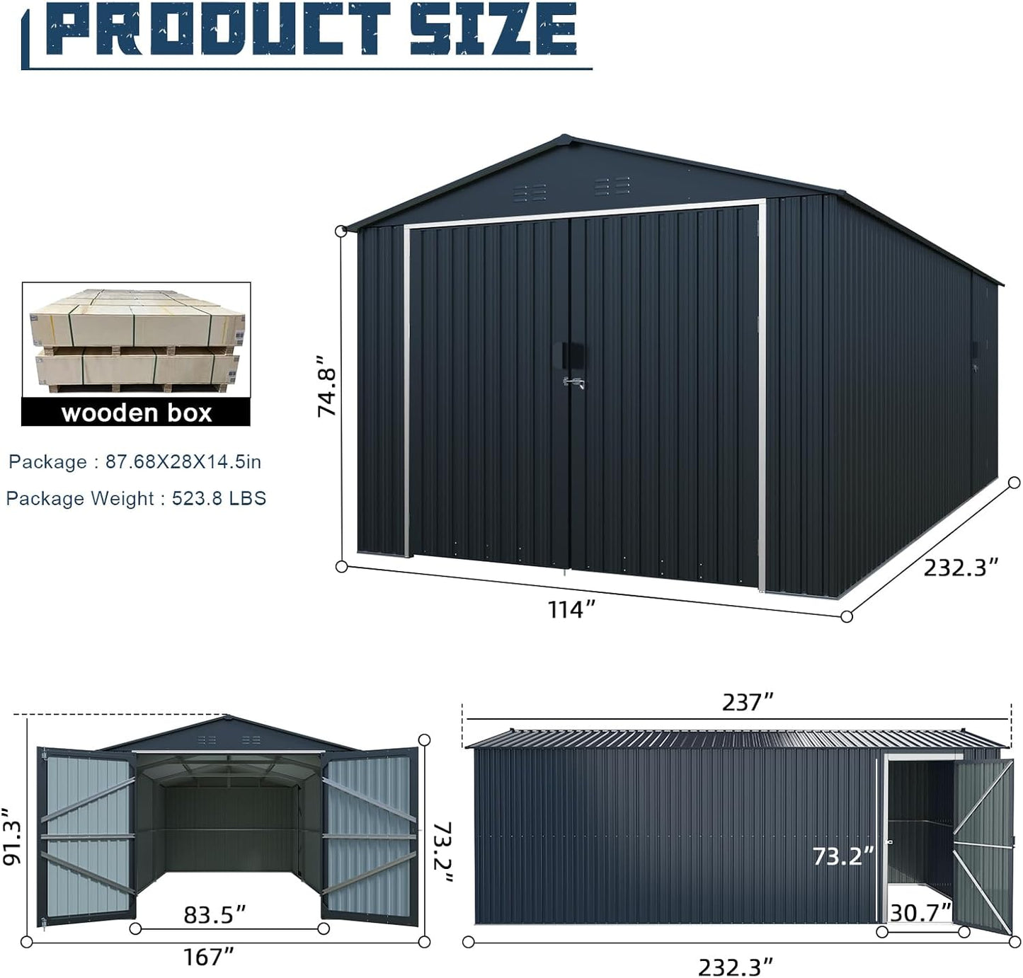 KUIKUI Metal Garage Shed Without Floor, 10x20FT Heavy Duty Outdoor Shed and Storage with 2 Doors and 4 Vents, Car Sheds Outdoor Garage