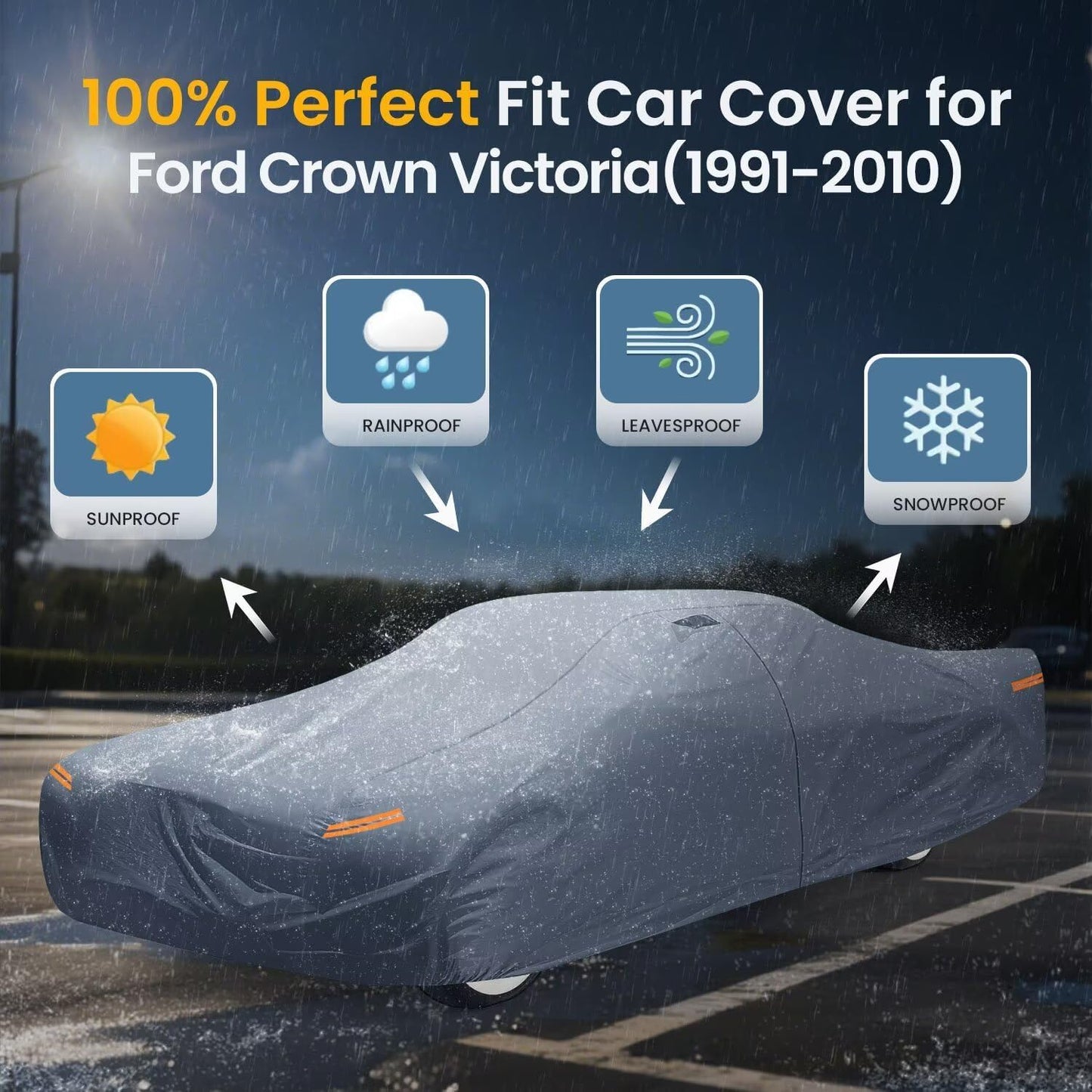 Waterproof Ford Crown Victoria(1991-2010) Car Cover with Breathable Vents, [2025 Upgrade] Premium Covers with Cotton Liner and Zipper Door, Sun Rain Snow Dust Uv Protection.(Gift with Towel)