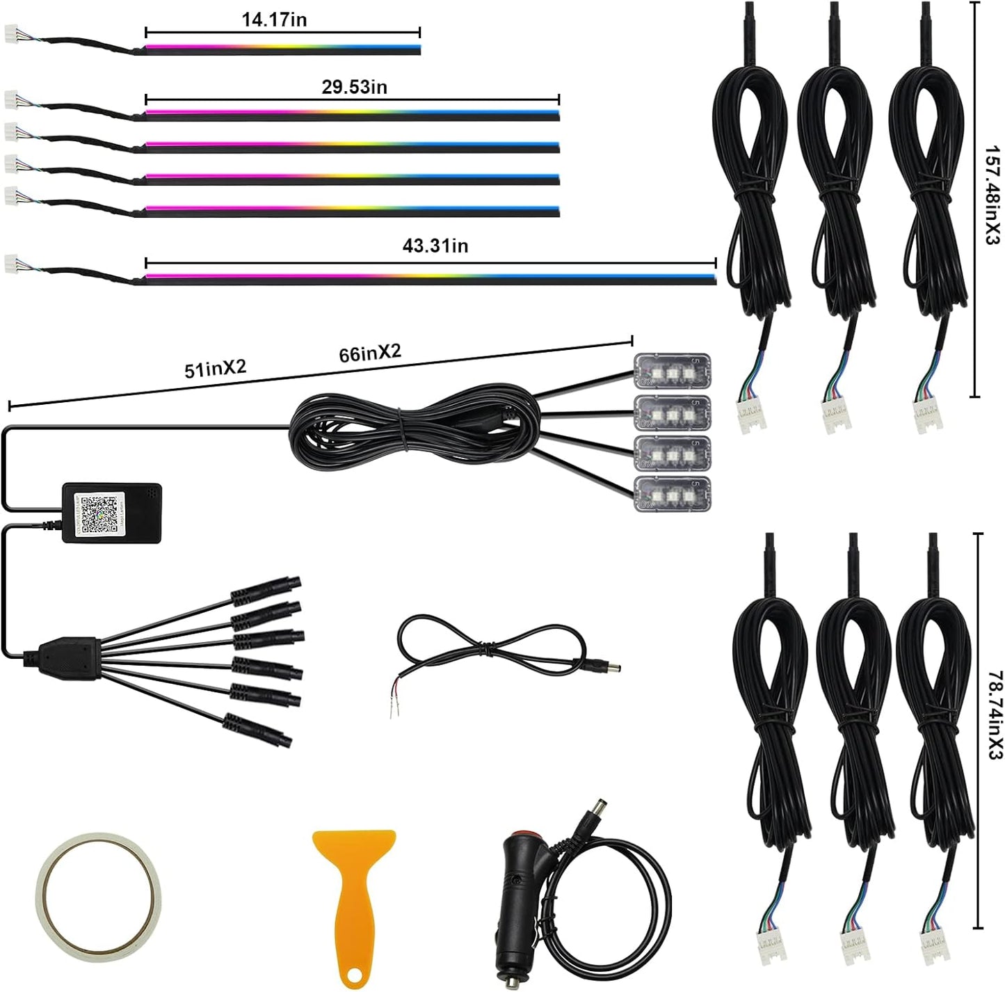 Acrylic Interior Car LED Strip Light, AMKI Car Led Lights Interior with Wireless App, Dreamcolor RGB 10 in 1 with 175 inches 593 LEDs Ambient Lighting Kits, 16 Million Colors Music & DIY Function