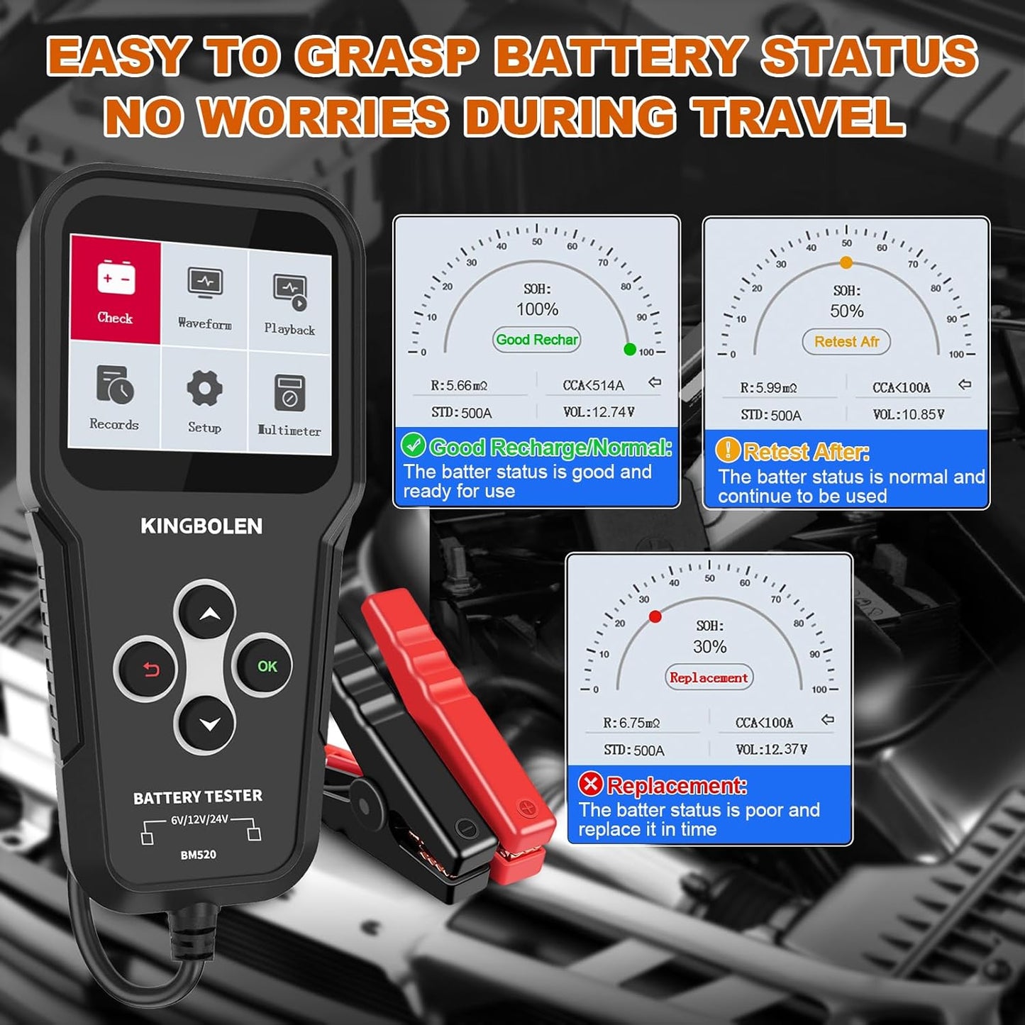 KINGBOLEN BM520 6V 12V 24V Car Battery Tester, 100-2000 CCA Automotive Load Tester Accurate Digital Auto Battery Analyzer Cranking and Charging System Tester for Cars Trucks SUV Motorcycle