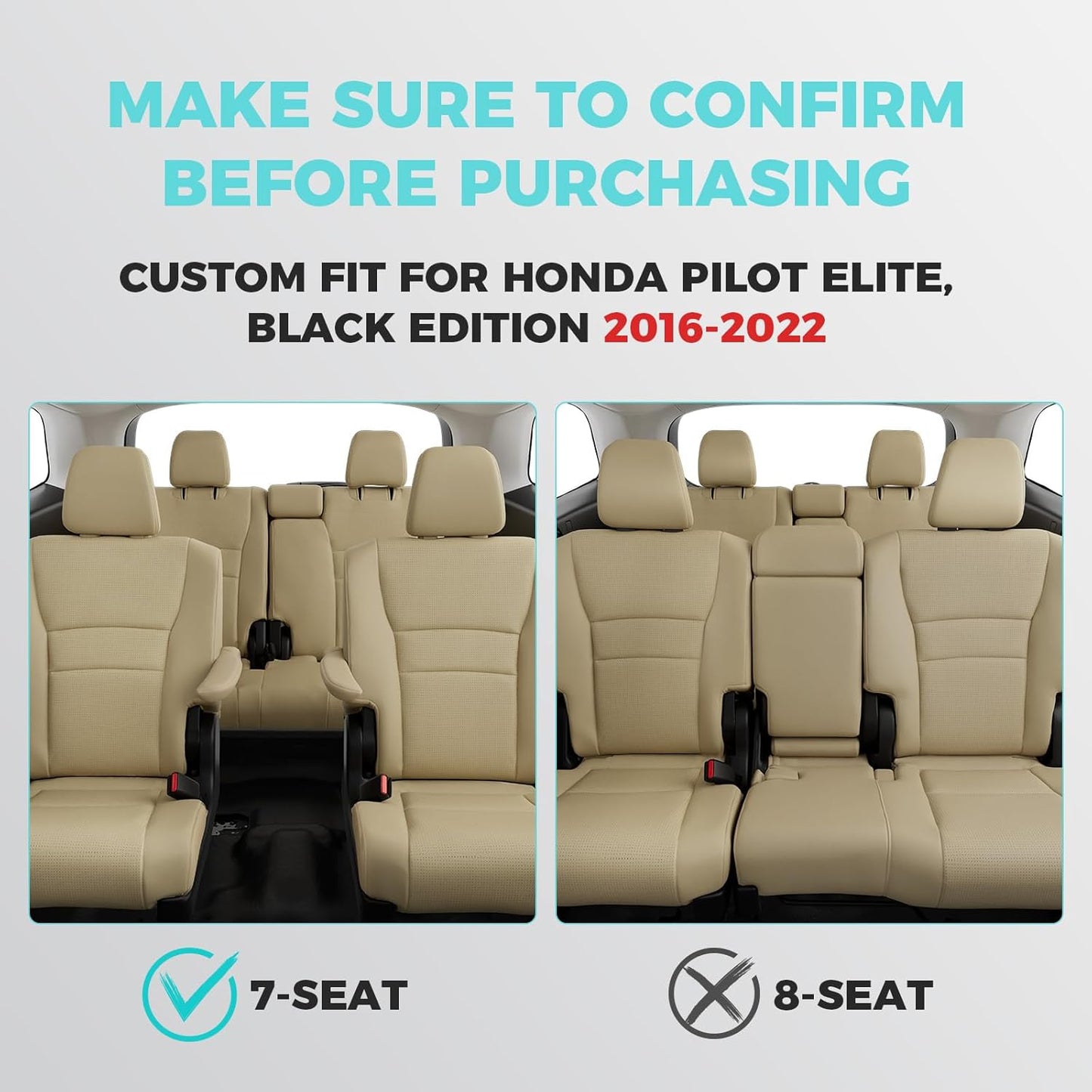 for Honda Pilot Seat Covers, Car Seat Protectors Full Set Custom Fit Pilot Elite,Black Edition 2016 2017 2018 2019 2020 2021 2022-7 Seats, Faux Leather Full Coverage Waterproof, Beige