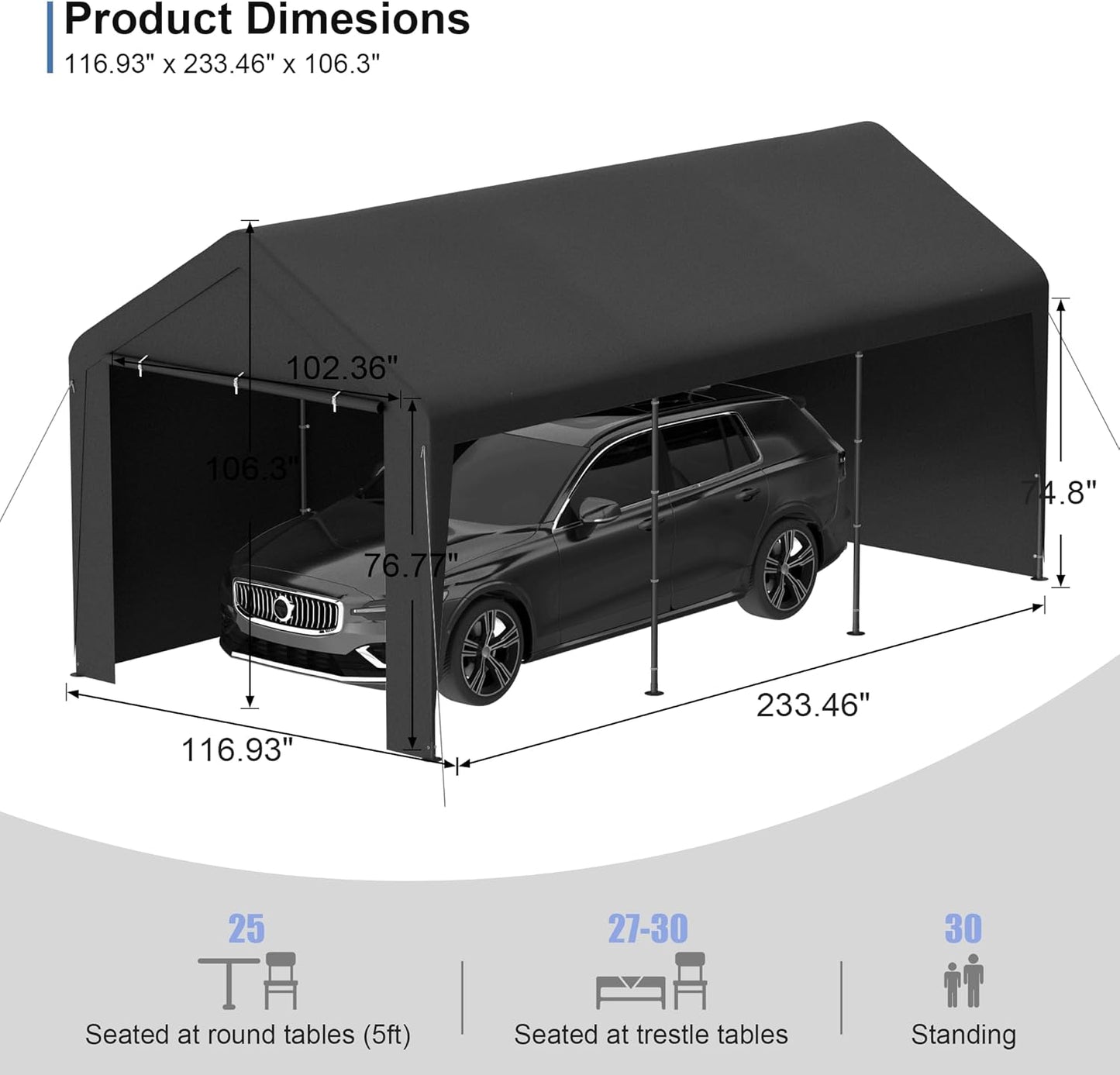 Carport 10x20 Heavy Duty Portable Garage w/Removable Sidewalls & Roll-Up Door Car Canopy Party Tents Waterproof UV Resistant All Weather Car Port for Trucks,Boats (Black)