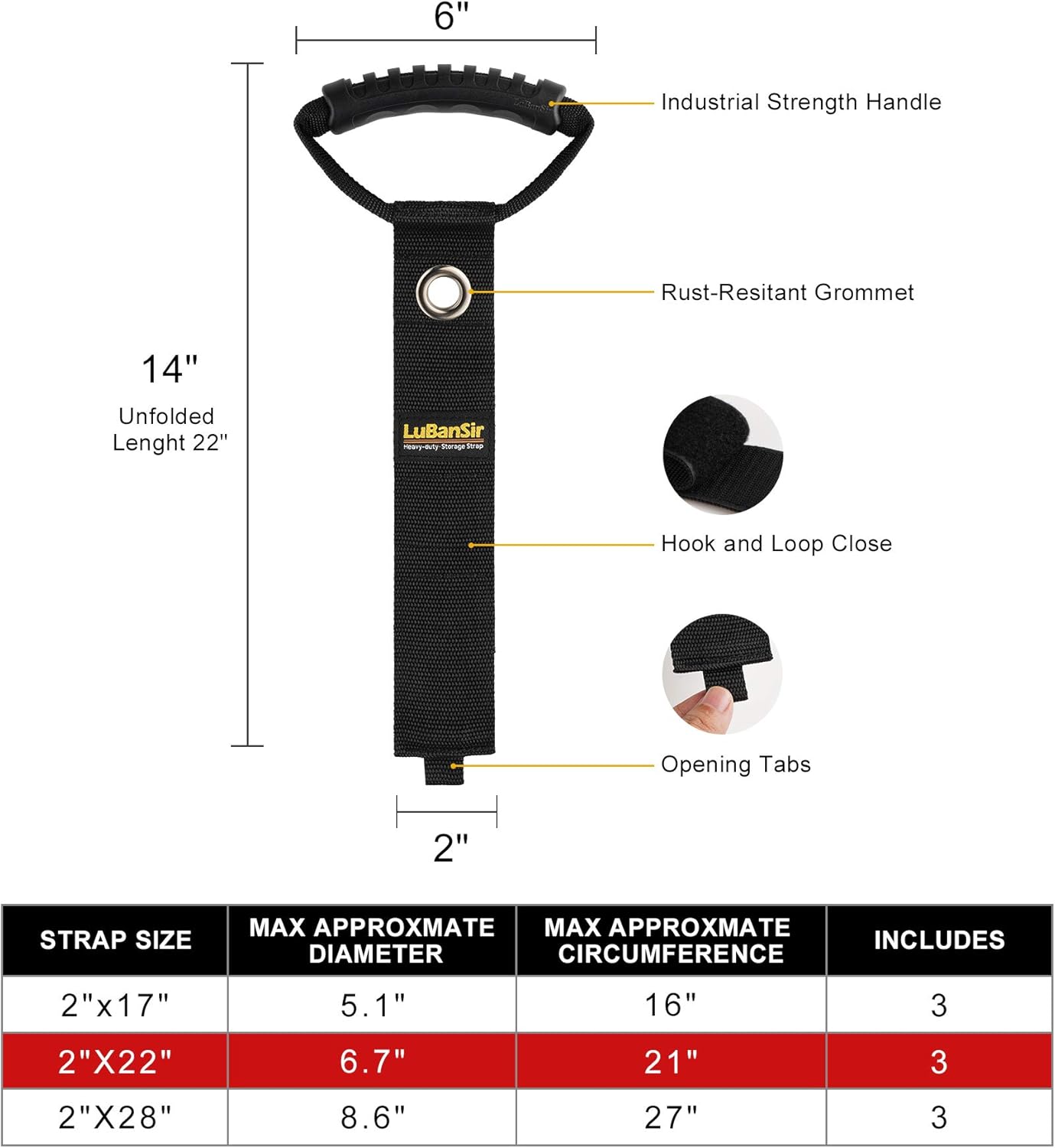 LuBanSir 3 Pack Extension Cord Organizer, 22" Portable Hook and Loop Storage Straps with Grommet Fit Extension Cords, Cables, Ropes, Garden Water Hoses Carrying and Hanging
