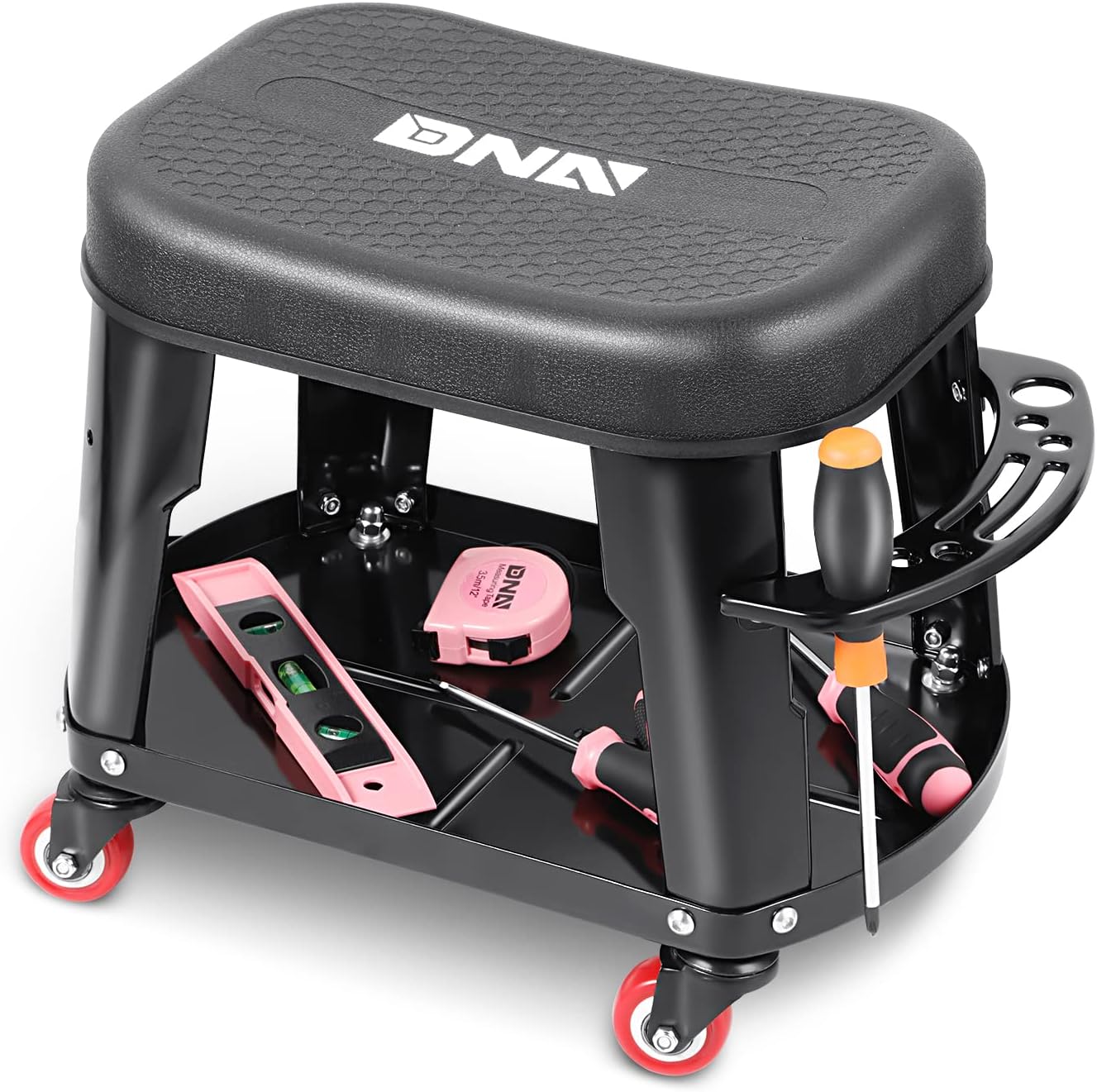 DNA MOTORING TOOLS-00252 Removable Rolling Garage Stool with Seat Cushion & Tool Tray Plate,300lbs Max Weight Capacity