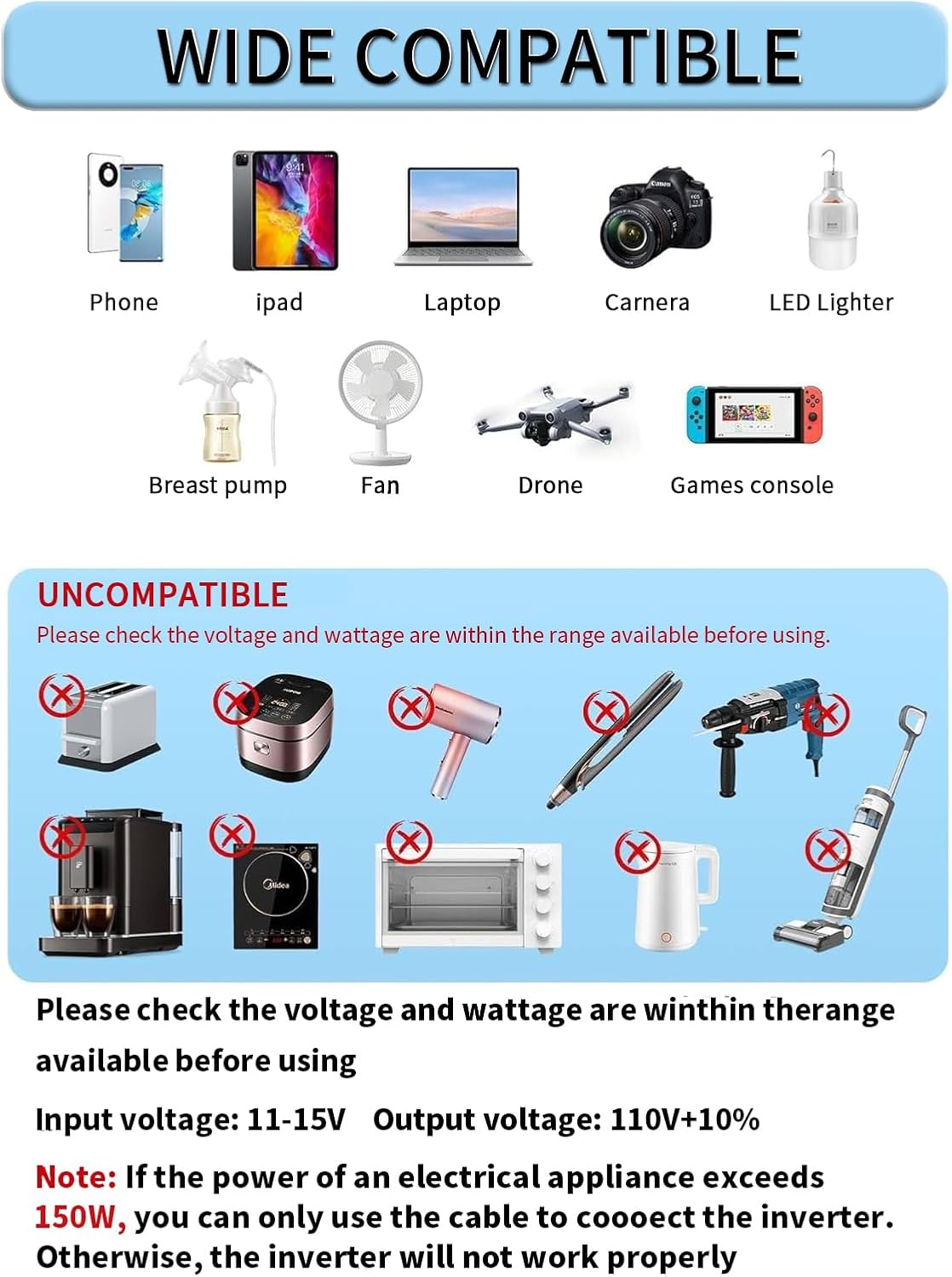 Car Vehicle Power Inverter 800W/2000W(Peak)DC-AC 12V-110V Converter Power Supply