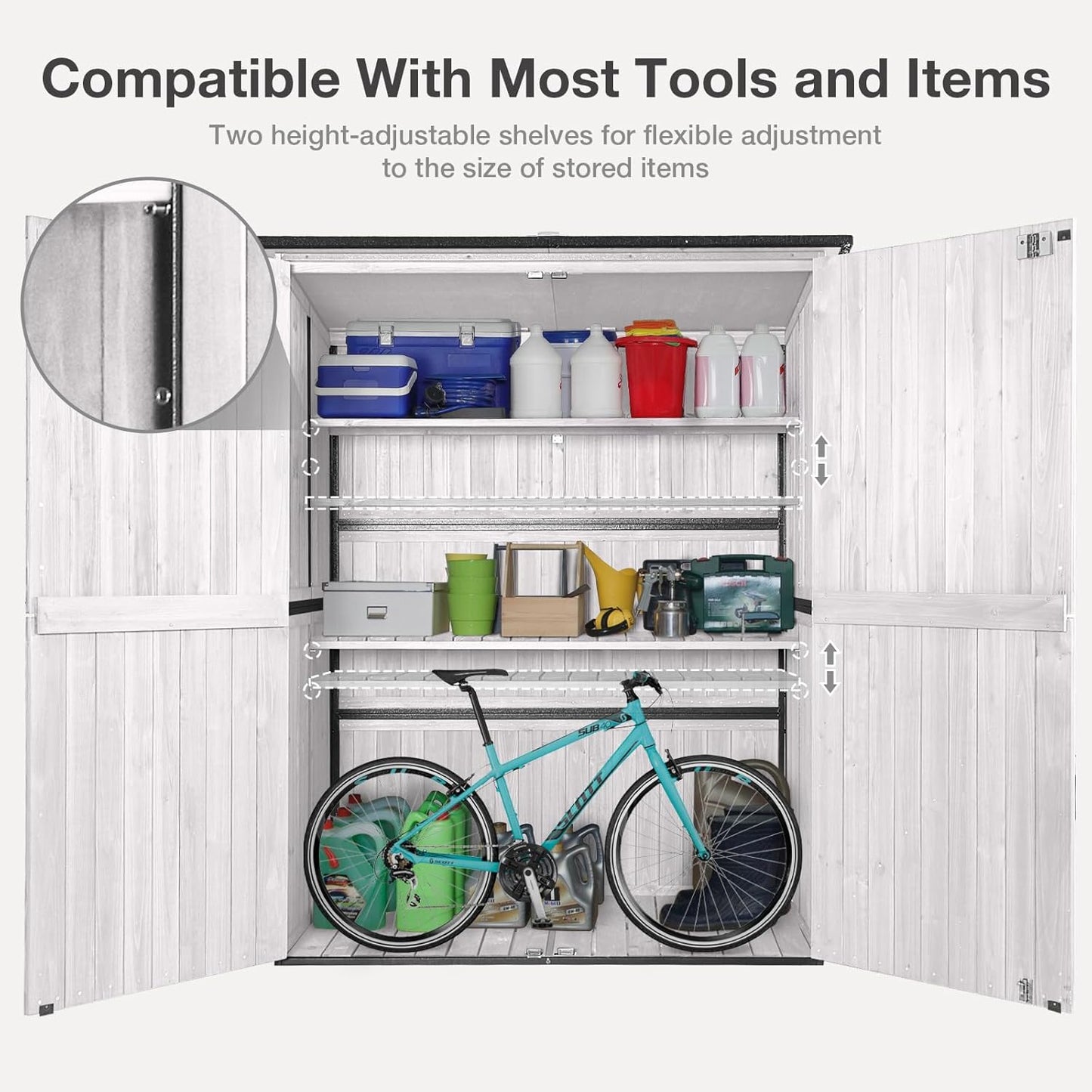 Outdoor Storage Shed with Floor - Waterproof Natural Fir Cabinet with Adjustable Shelves and Double Lock for Anti-Theft - Suitable for Storing Garden Tools and Household Debris (White)