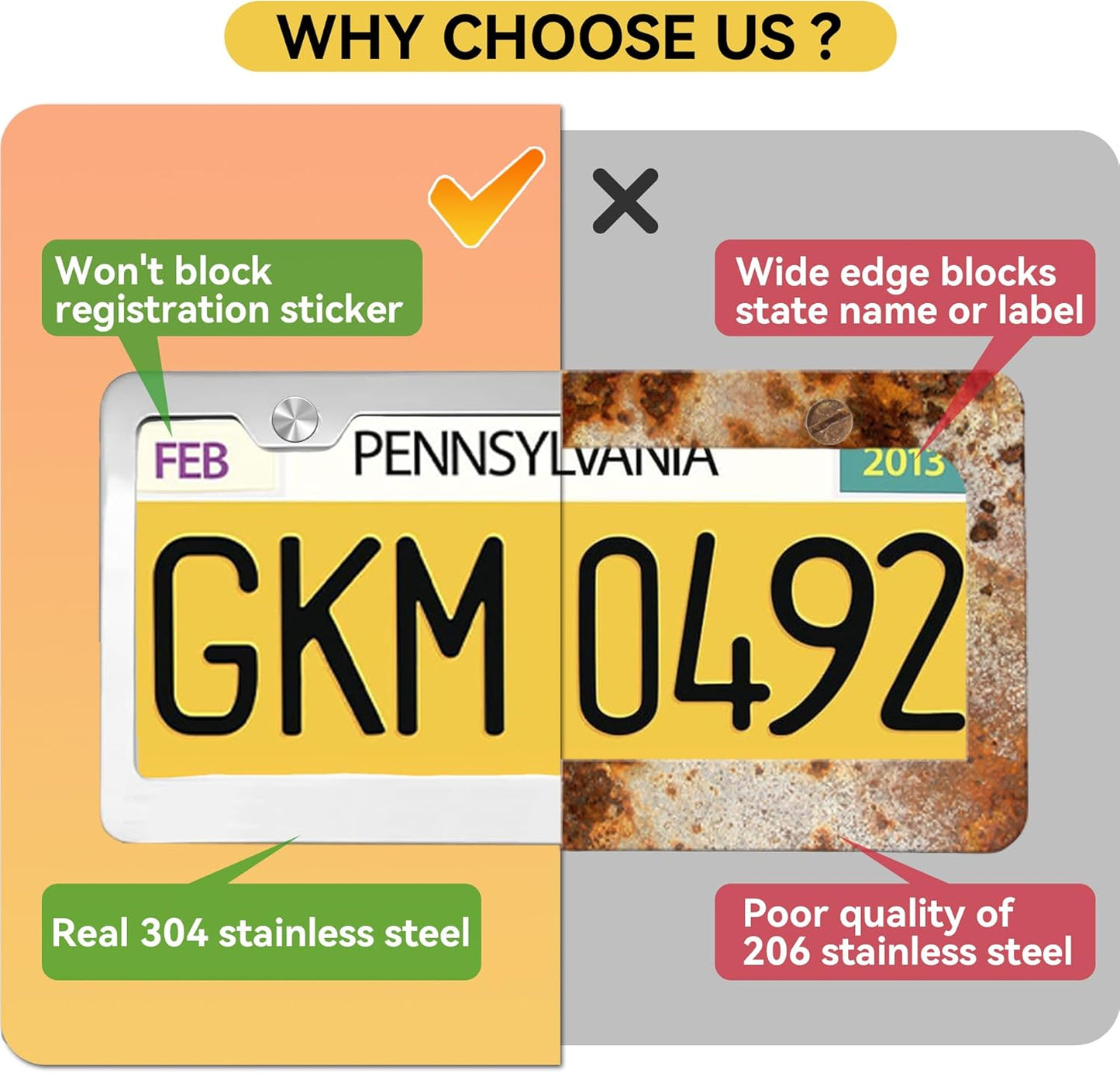 Mirror Polished Heavy Duty Stainless Steel License Plate Frame with Chrome Screw Caps, 2 Holes Rust-Proof Chrome-Like Finish Stainless Steel License Plate Frames 2 Pack