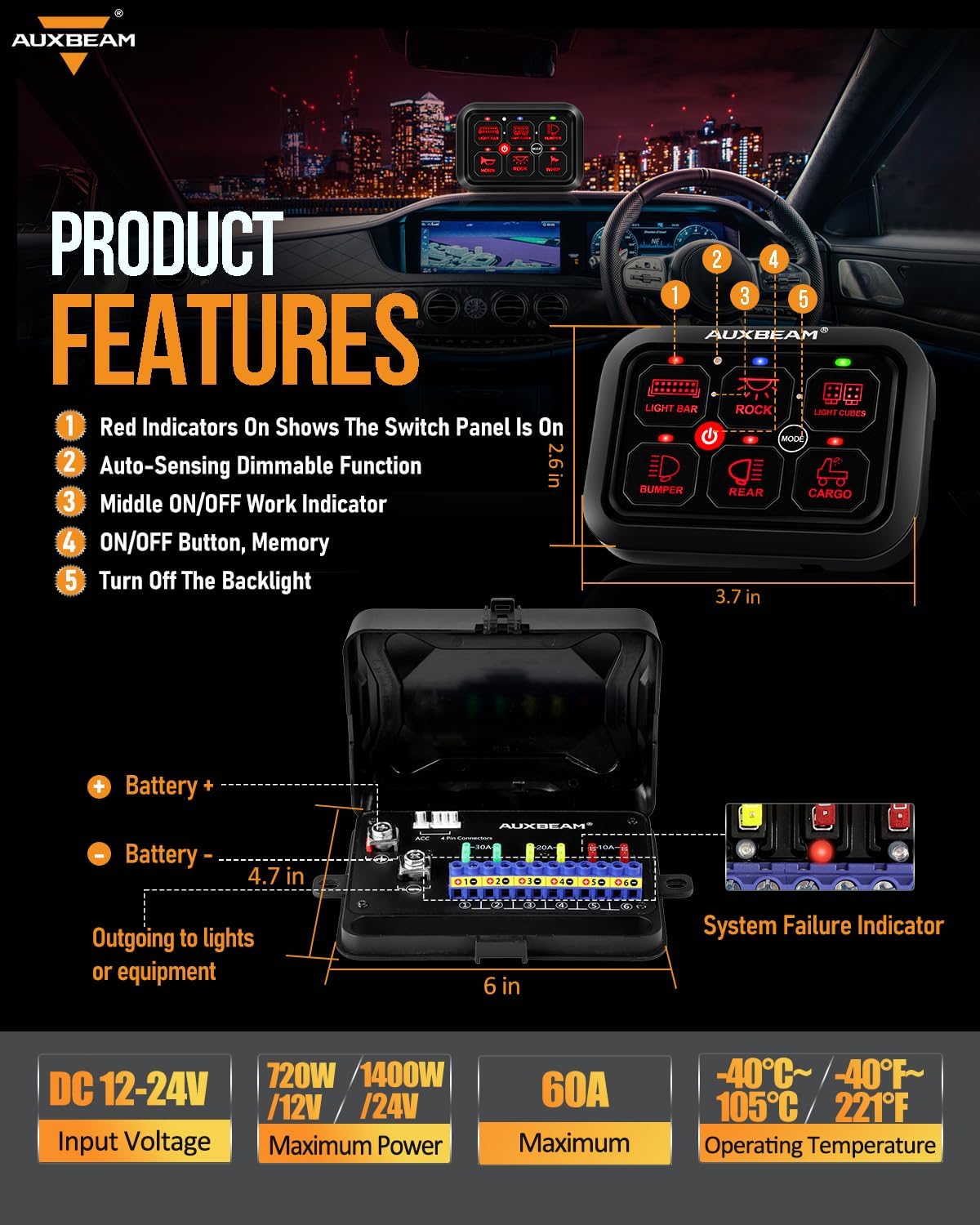 Auxbeam 6 Gang Switch Panel RA60 Toggle Momentary Pulsed RGB Dimmable Switch Panel Multifunction Switch Panel Built in Solid State Relay Marine Control Panel Waterproof for Car Boat, 2 Years Warranty