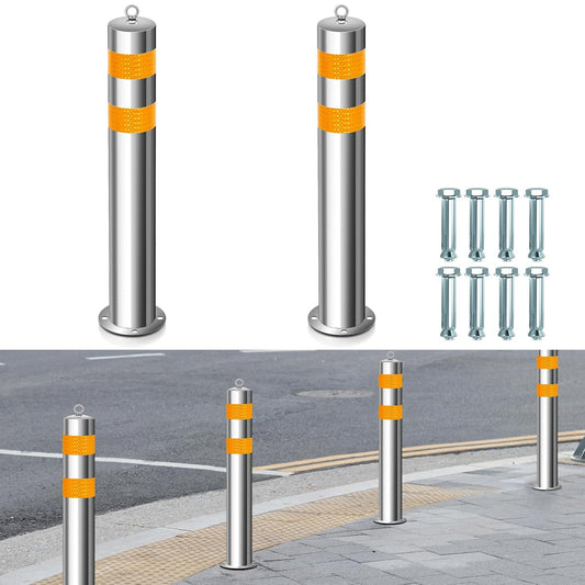 31.5 Inch Stainless Steel Bollard Post with Anchor Bolts Parking Barrier Block Safety Bollard Covers with Reflective Strips and Hanging Ring for Parking Lots Driveways Garage Pathways(2 Pcs)