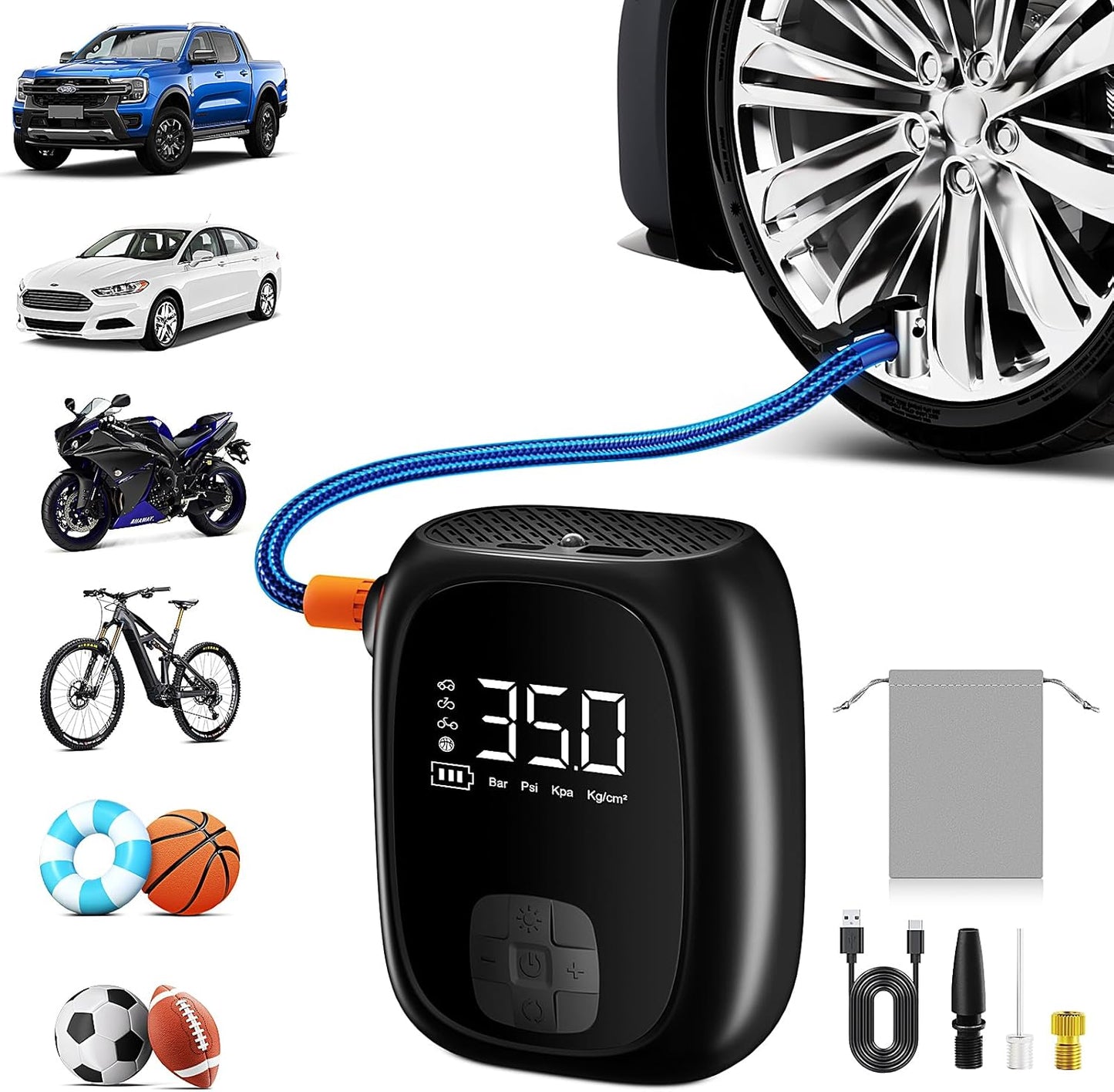 Tire Inflator Portable Air Compressor – Fast Inflation, Auto Shut-Off & LED Display | High-Power Air Pump for Car, Motorcycle & Bike Tires, USB Rechargeable & Compact Design, Gifts for Men