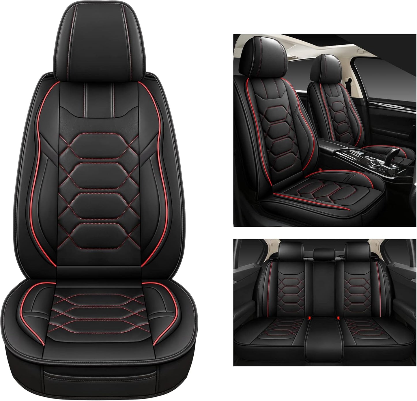 Pariitadin Leather Car Seat Covers Full Set, Waterproof Faux Leather Seat Covers for Cars, Non-Slip Car Interior Covers Universal Fit for Most Cars Sedans Trucks SUVs, Black/Red