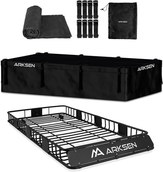 ARKSEN 84 x 39 x 6 Inch Universal 150LB Heavy Duty Roof Rack Cargo with 500D PVC Waterproof Cargo Bag, Top Luggage Holder Carrier Basket with Extension for SUV, Truck, & Car Steel Construction