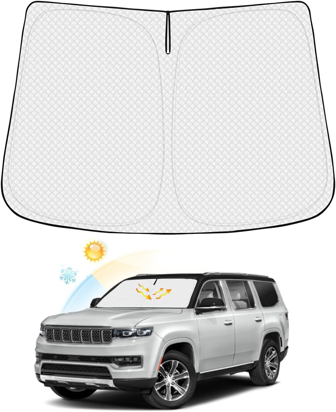 Windshield Sun Shade for Jeep Grand Wagoneer 2022-2025 2026 (Not for Jeep Wagoneer) Thicken 6-Layer Front Window Sunshade Cover Sun Visor Protector Foldable Block UV Rays Keep Vehicle Cool