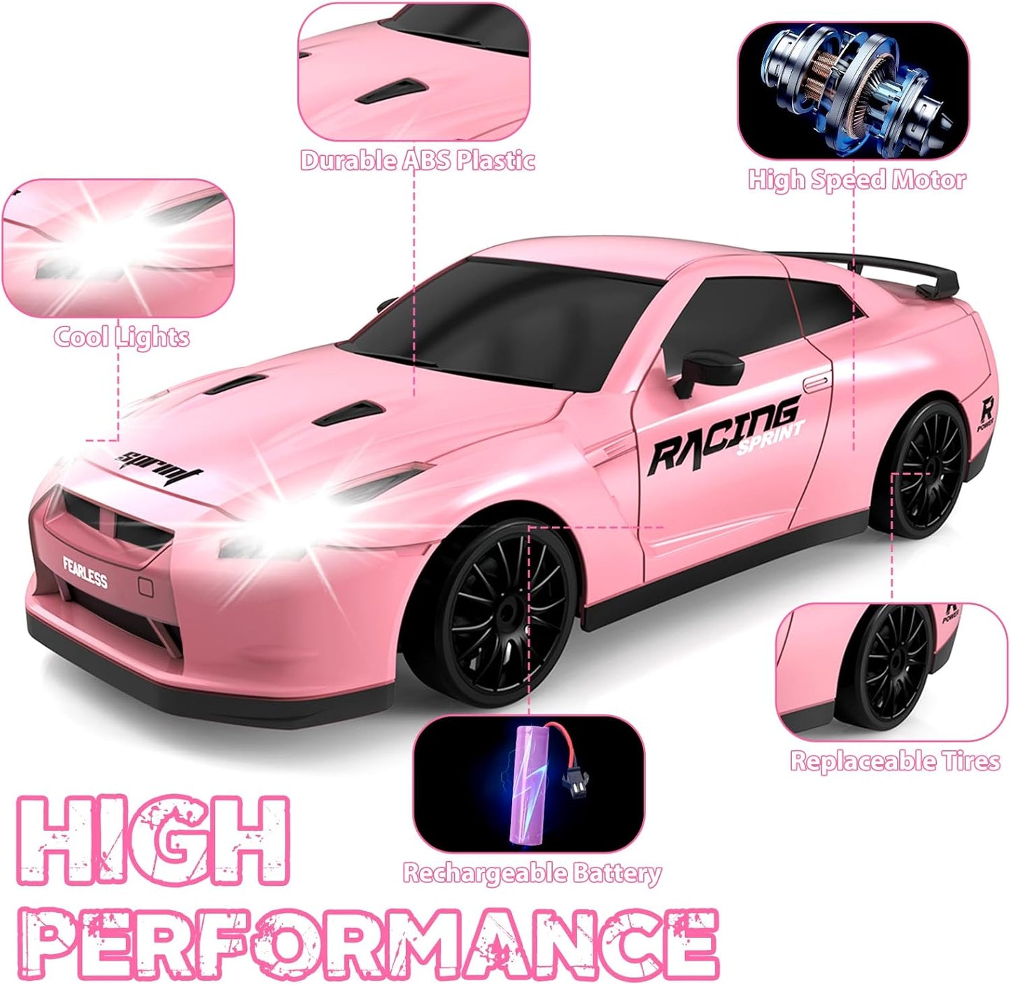 RC Drift Car, 1/24 Pink Remote Control Car for Girls, 2.4GHz 4WD High Speed Drifting RC Cars with LED Light and Drift Tires, Racing Toy Cars for Kids Adults Girl Boys, Pink