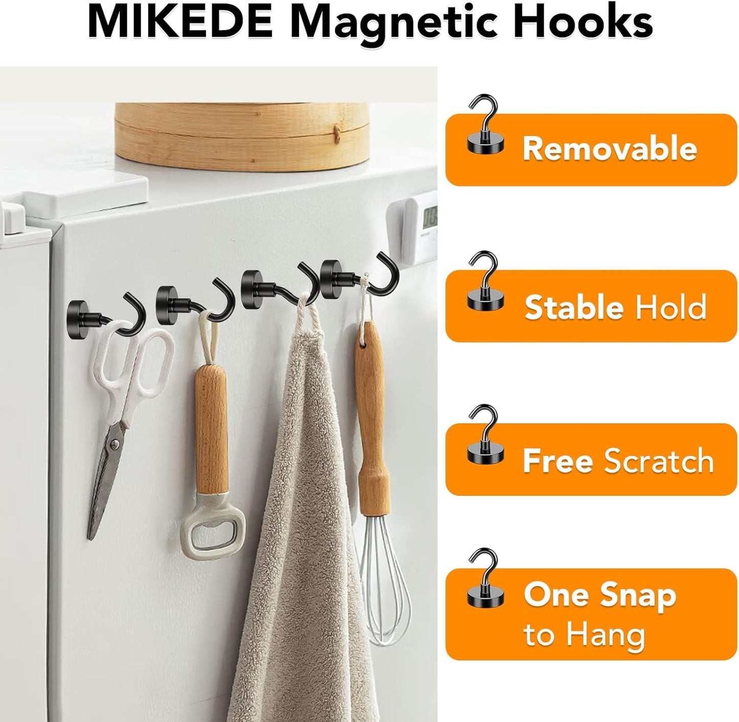 MIKEDE Magnetic Hooks, 40LB+ Heavy Duty Magnet Hooks for Cruise Cabins, Super Neodymium Hanging Hooks Black Strong Magnets with Hook for Fridge, Magnetic Hanger for Grill, Toolbox - Pack of 4