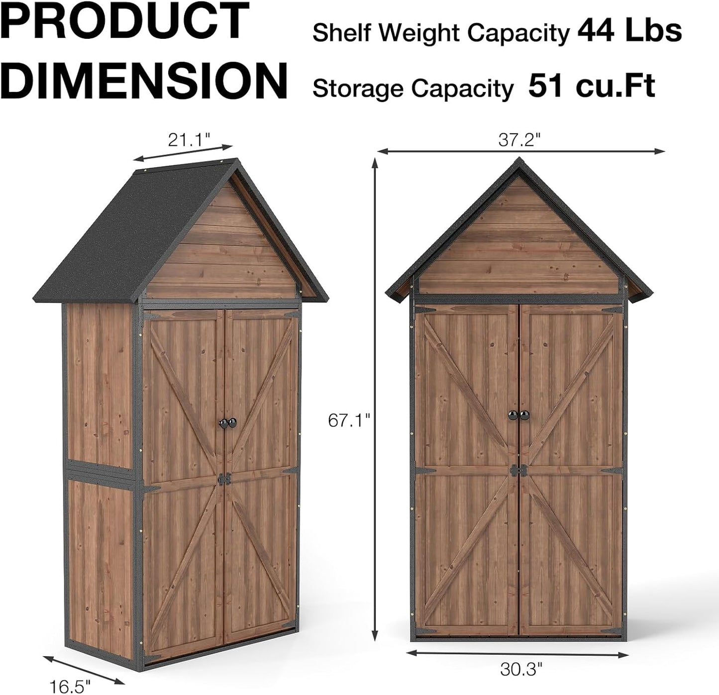 Outdoor Storage Shed with Waterproof Roof - Heavy-Duty Metal & Wood Garden Cabinet, Adjustable Shelves, Large Capacity Waterproof Design for Patio, Garage, Backyard (Dark Brown)