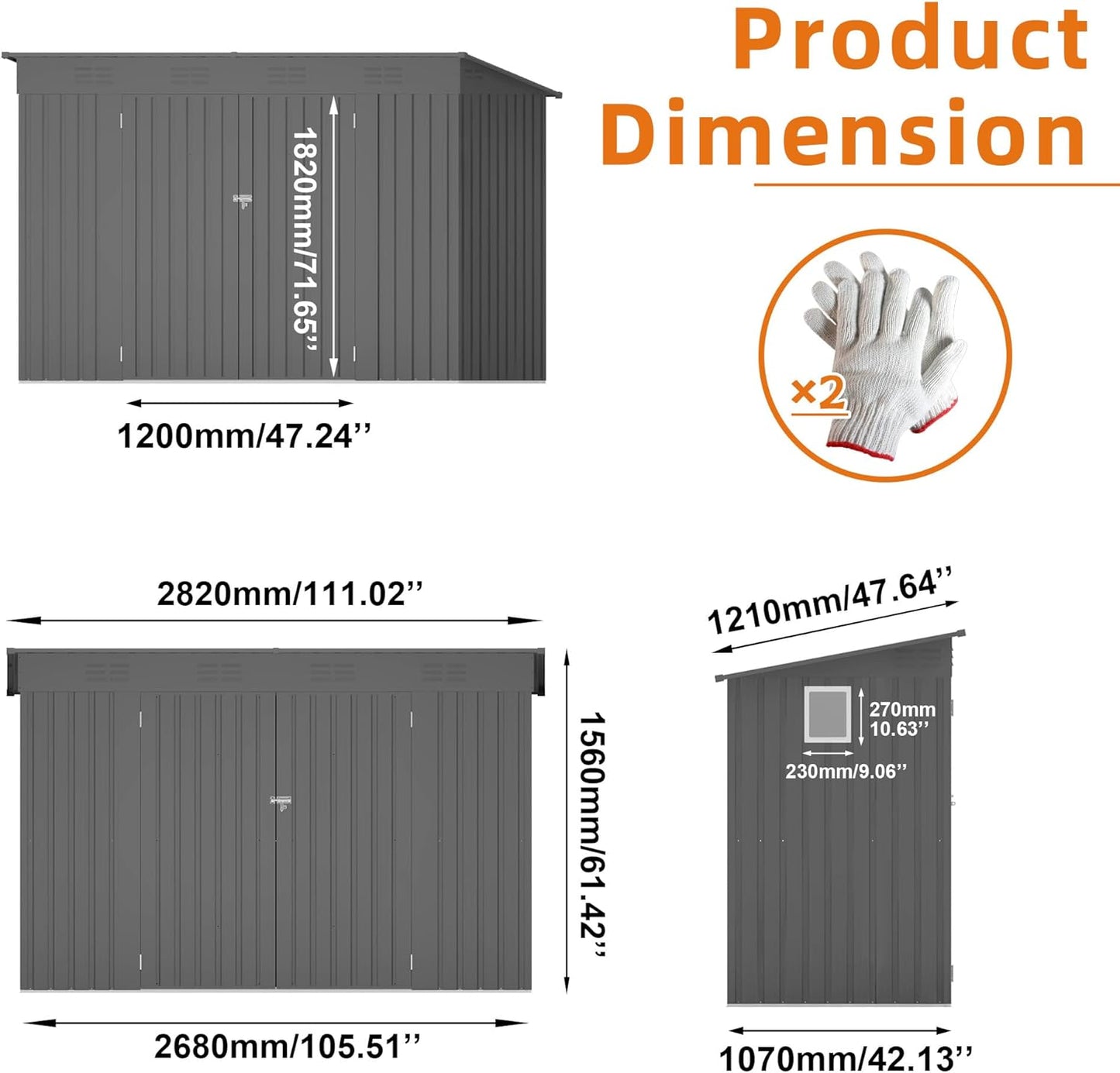 4x9 FT Lean to Shed with Window, Metal Sheds & Outdoor Storage with 6 Vents and 2 Swing Doors, Outdoor Storage Shed Waterproof for Backyard, Garden, Patio, Gray