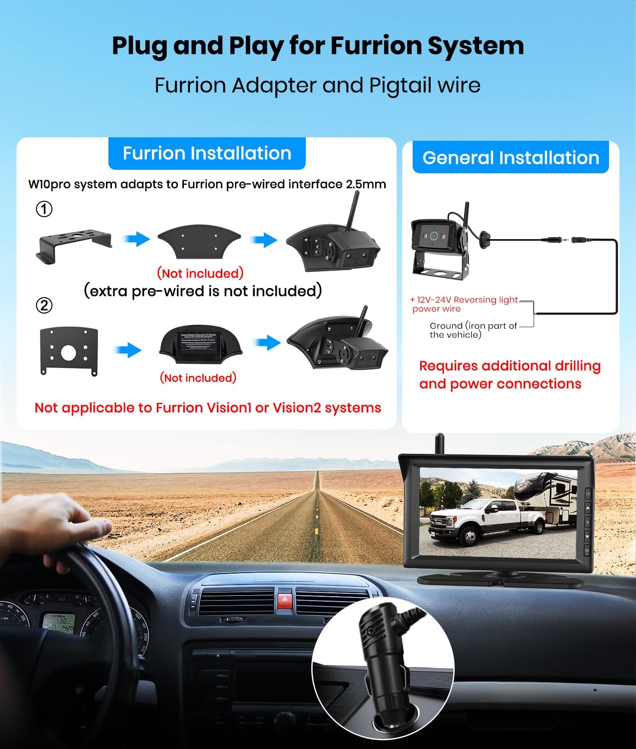 AUTO-VOX 7" HD Wireless Backup Camera for Furrion System: Easy Setup & Stable Signal Back Up Camera, Wide View Rear View Camera with Clear Night Vision, Split Screen Monitor for RV Camper Truck（2.5mm）